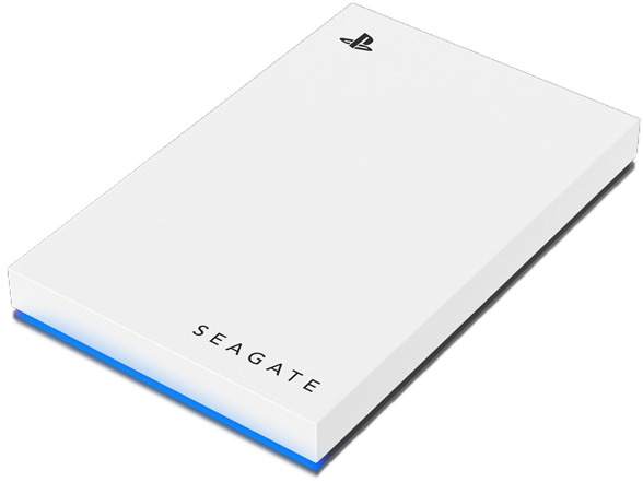 White Seagate external hard drive for Playstation, with the Playstation logo.