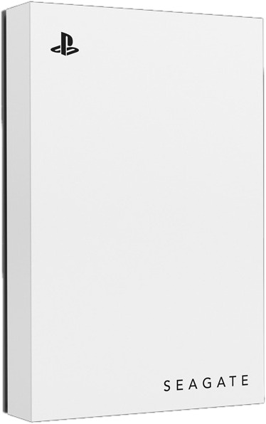 White Seagate external hard drive for Playstation, with a Playstation logo on the top.