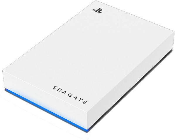White external hard drive with Seagate written on it.