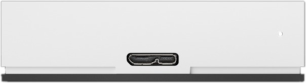 A white device, likely a hub, with a USB-C port on the bottom.
