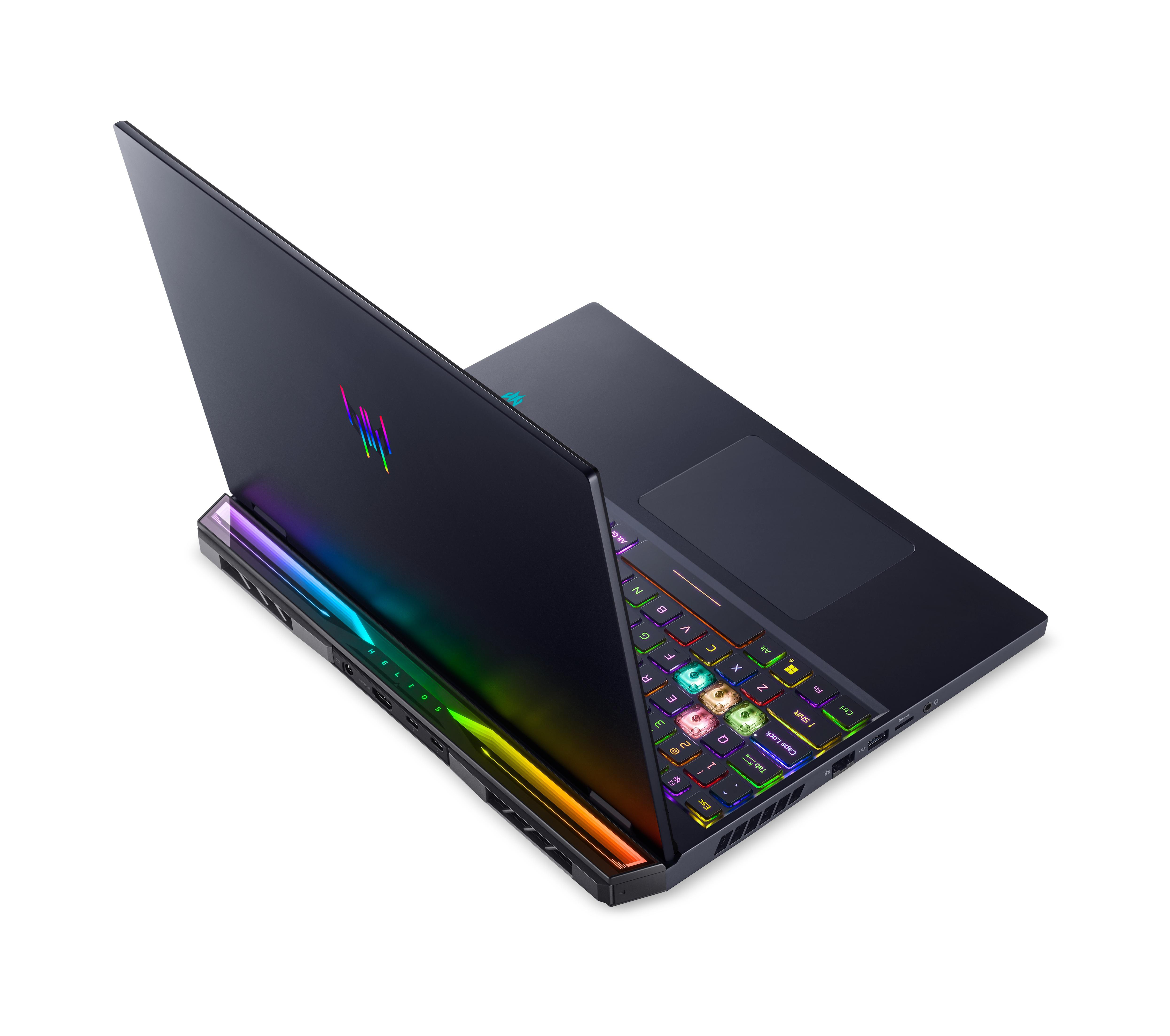 Ein schwarzer Laptop mit farbenfroher, beleuchteter Tastatur und teilweise geöffnetem Bildschirm.