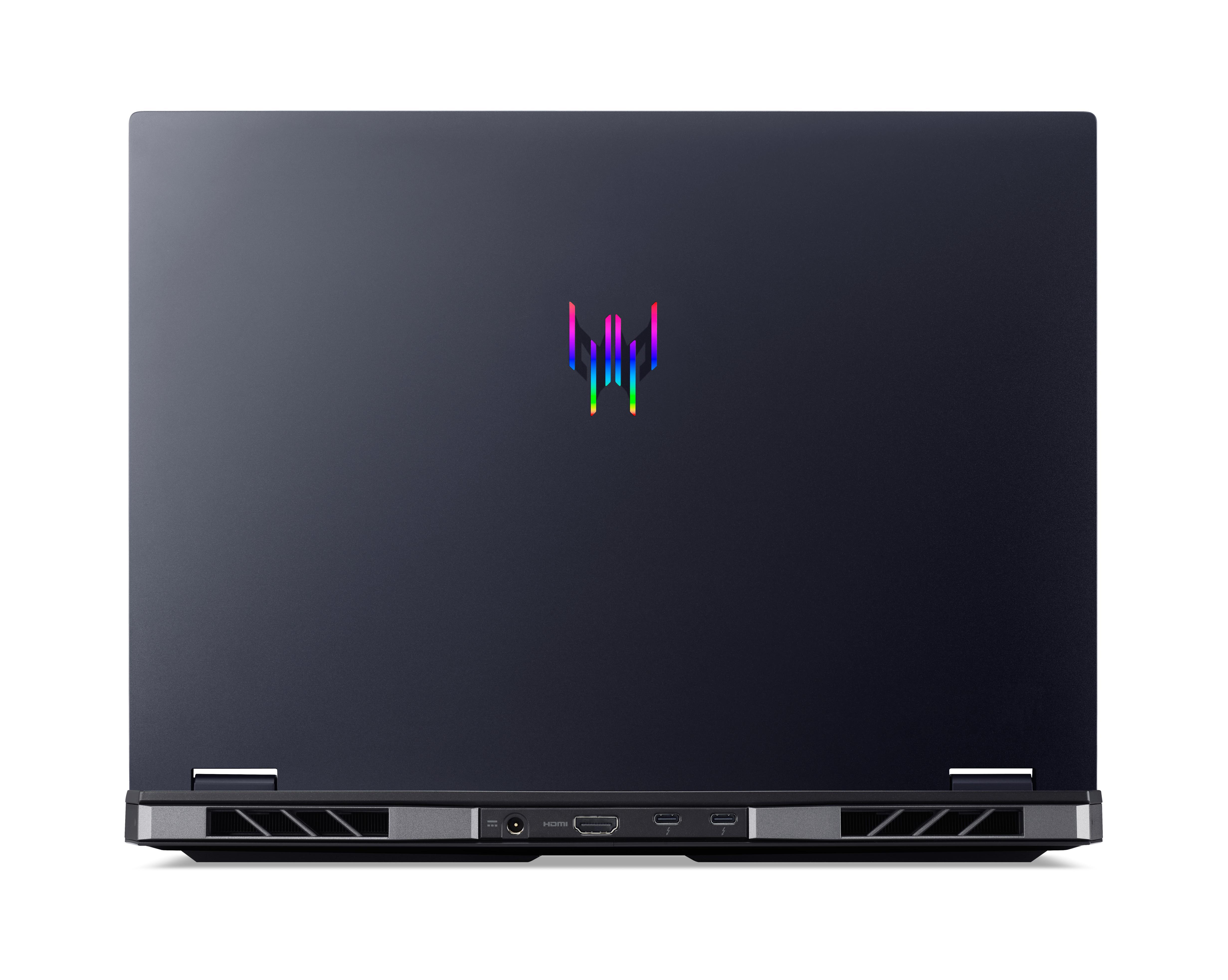 Die Rückseite eines dunkelgrauen Laptops mit einem farbenfrohen Logo und Anschlüssen unten.