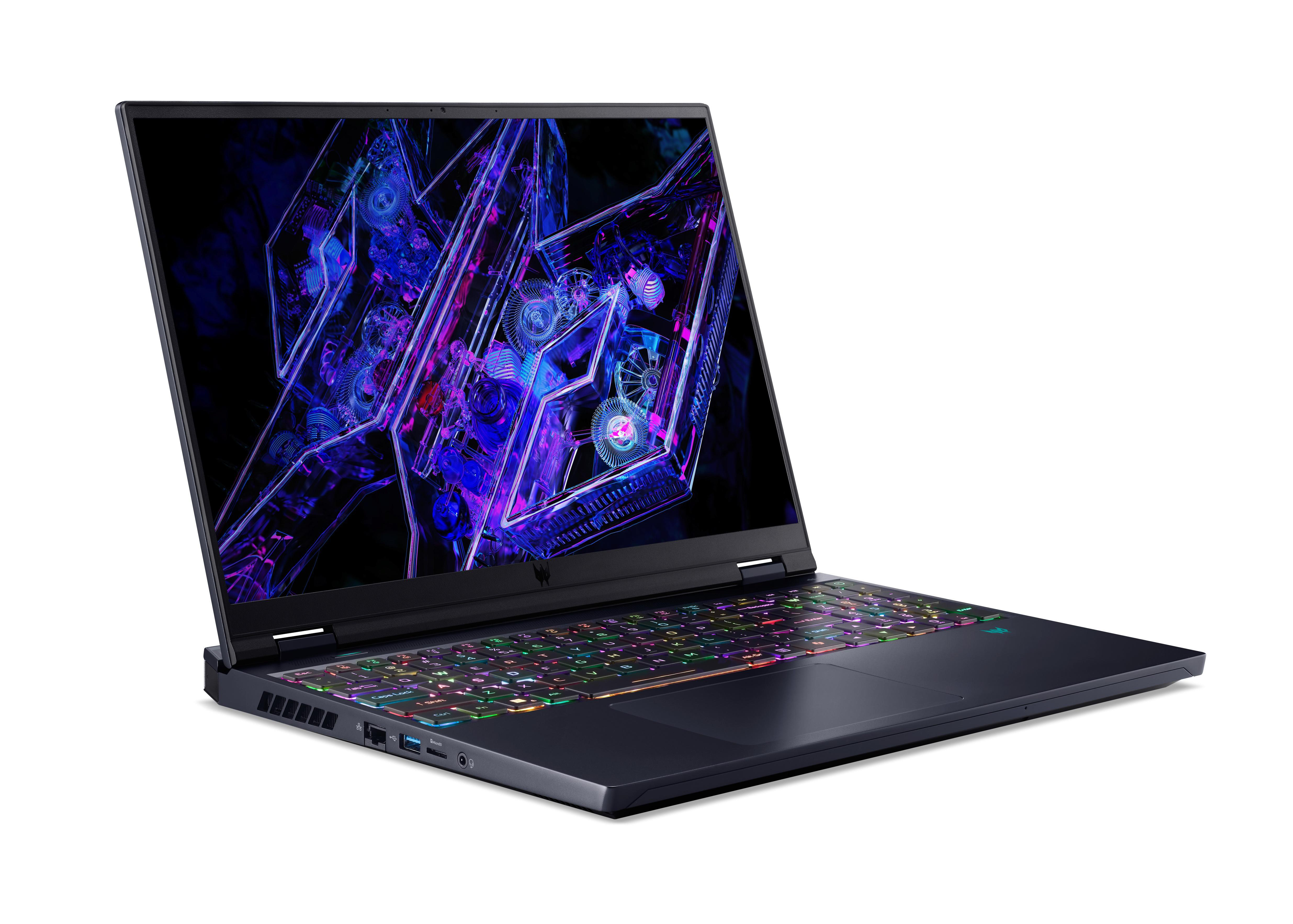 Schwarzer Laptop mit bunter Tastatur. Bildschirm zeigt geometrisches Design.