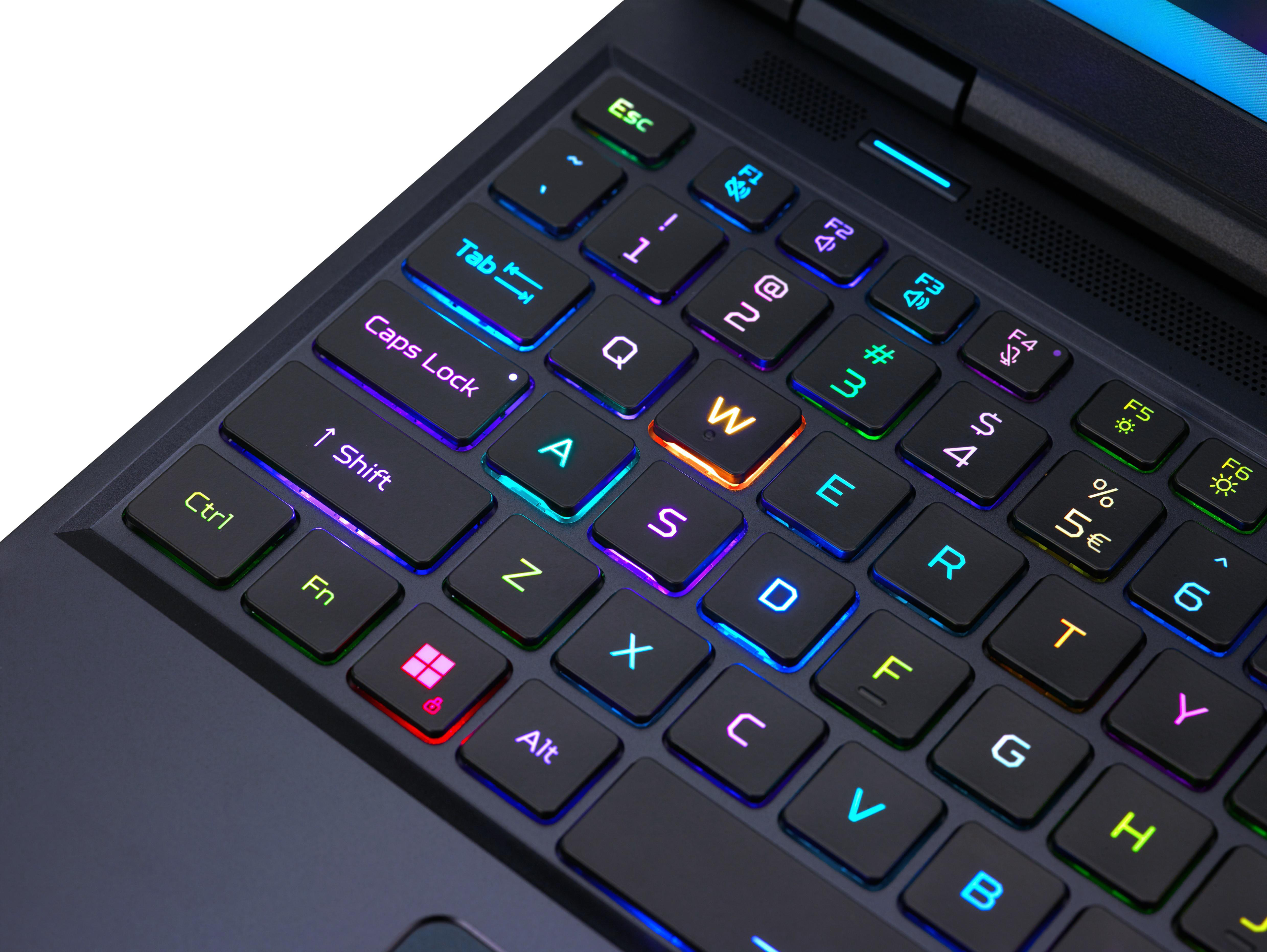 Nahaufnahme einer Laptop-Tastatur mit Hintergrundbeleuchtung, die farbenfrohe Beleuchtung und verschiedene Tasten zeigt.