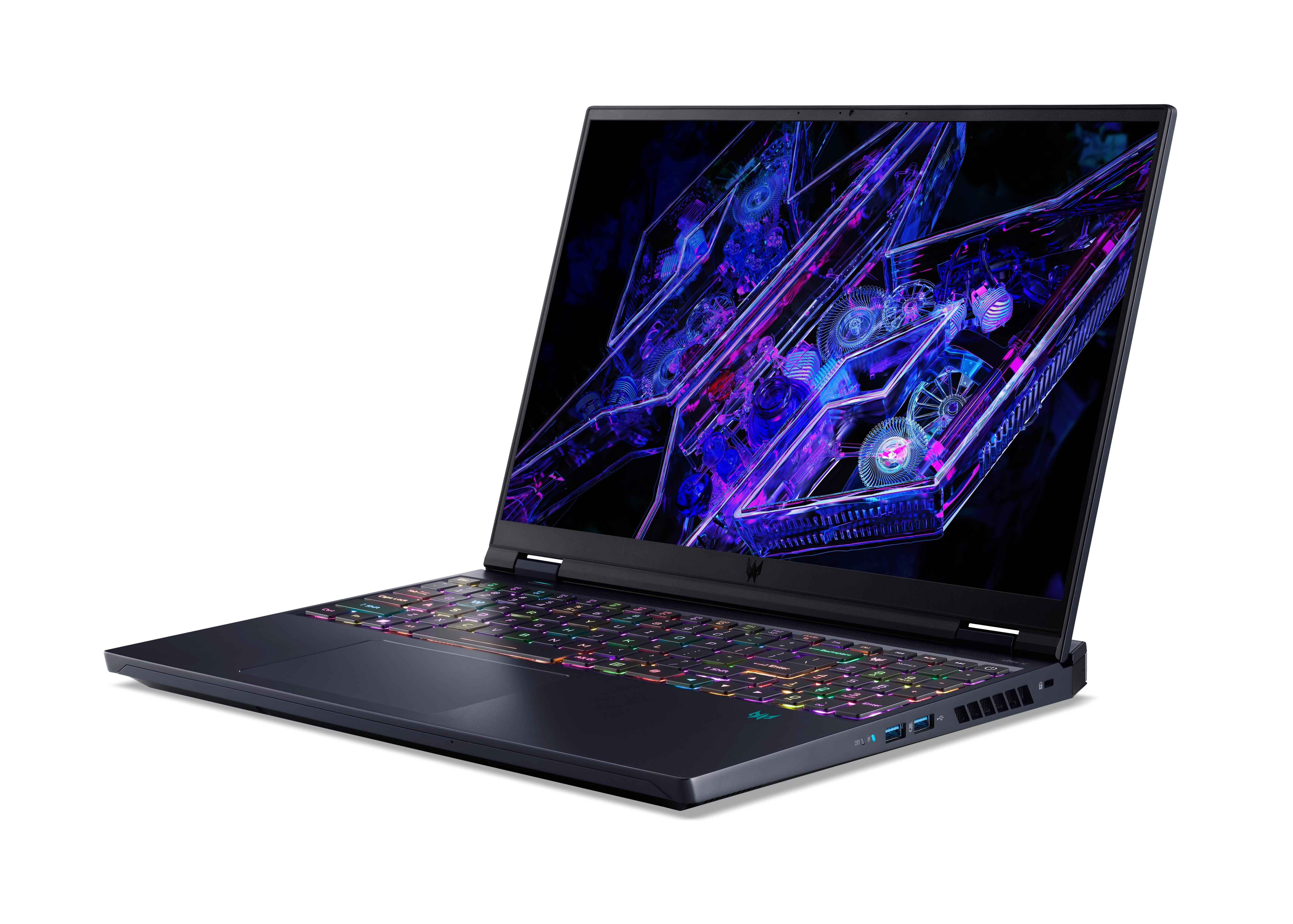 Gaming-Laptop mit heller Tastatur und Bildschirm, der farbenfrohe Grafiken anzeigt. Abgewinkelte Ansicht auf Weiß.