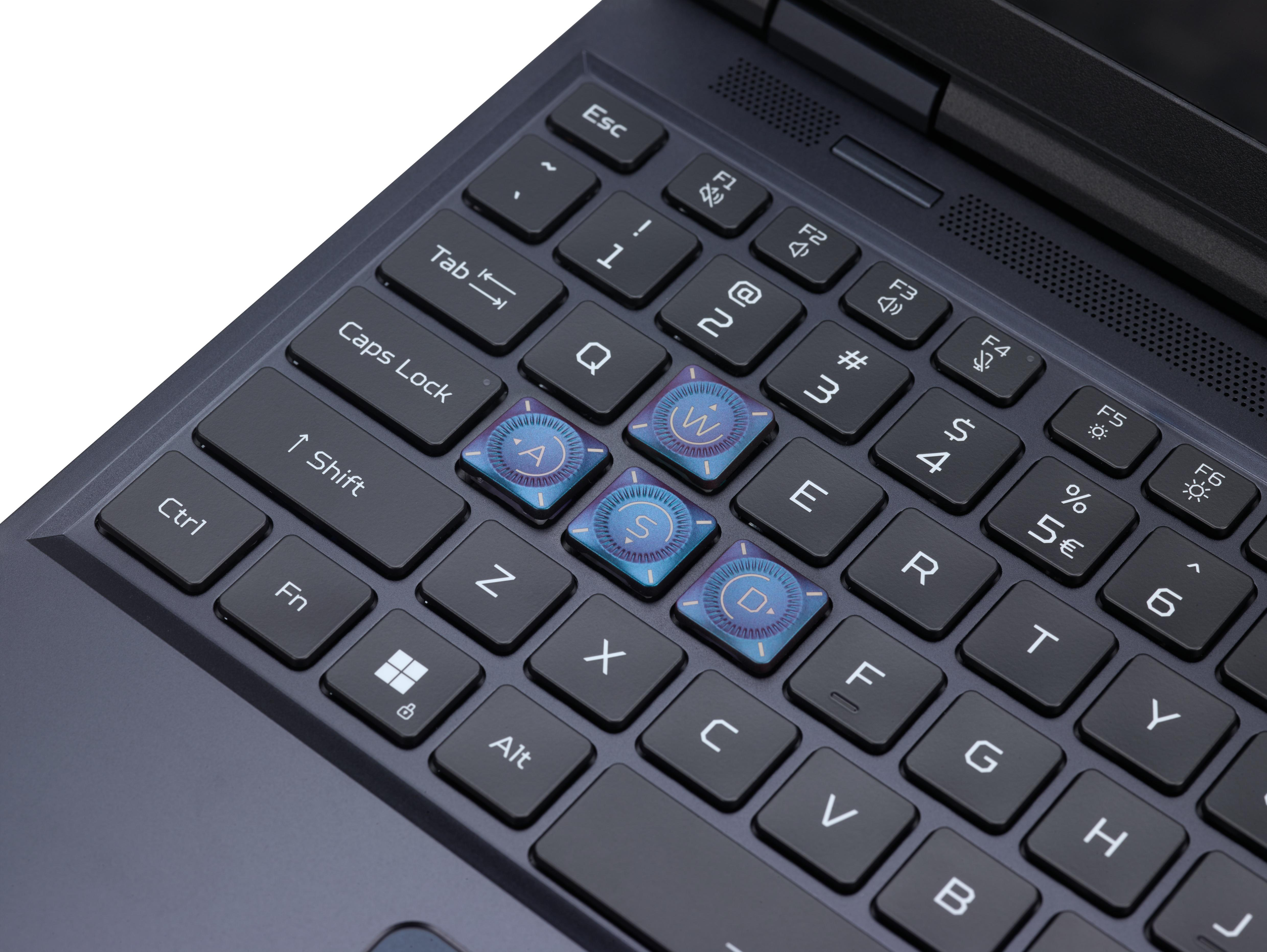 Laptop-Tastatur mit hervorgehobenen WASD-Tasten mit blauen Akzenten.
