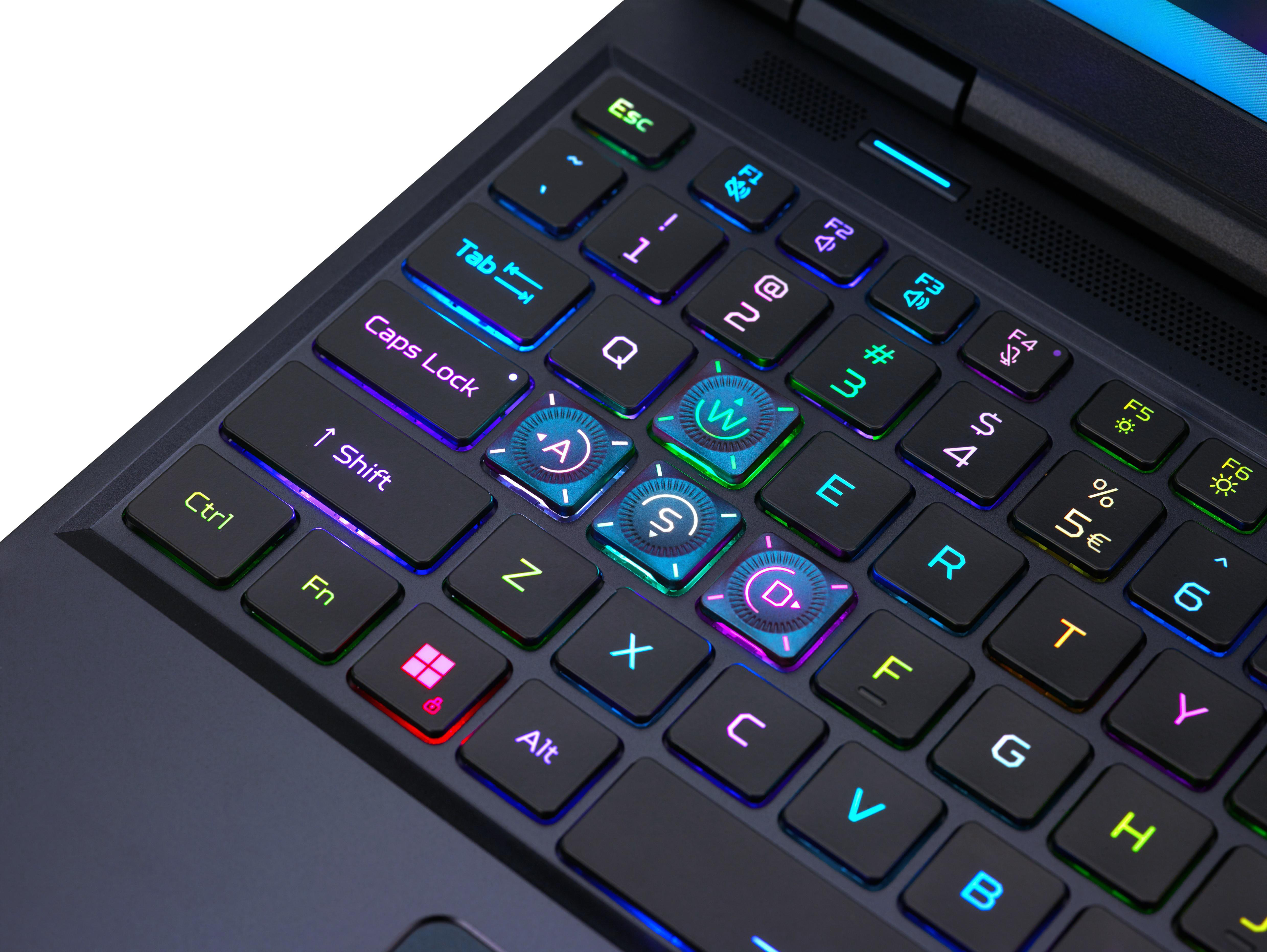 Eine Laptop-Tastatur mit beleuchteten Tasten. Die WASD-Tasten sind hervorgehoben.