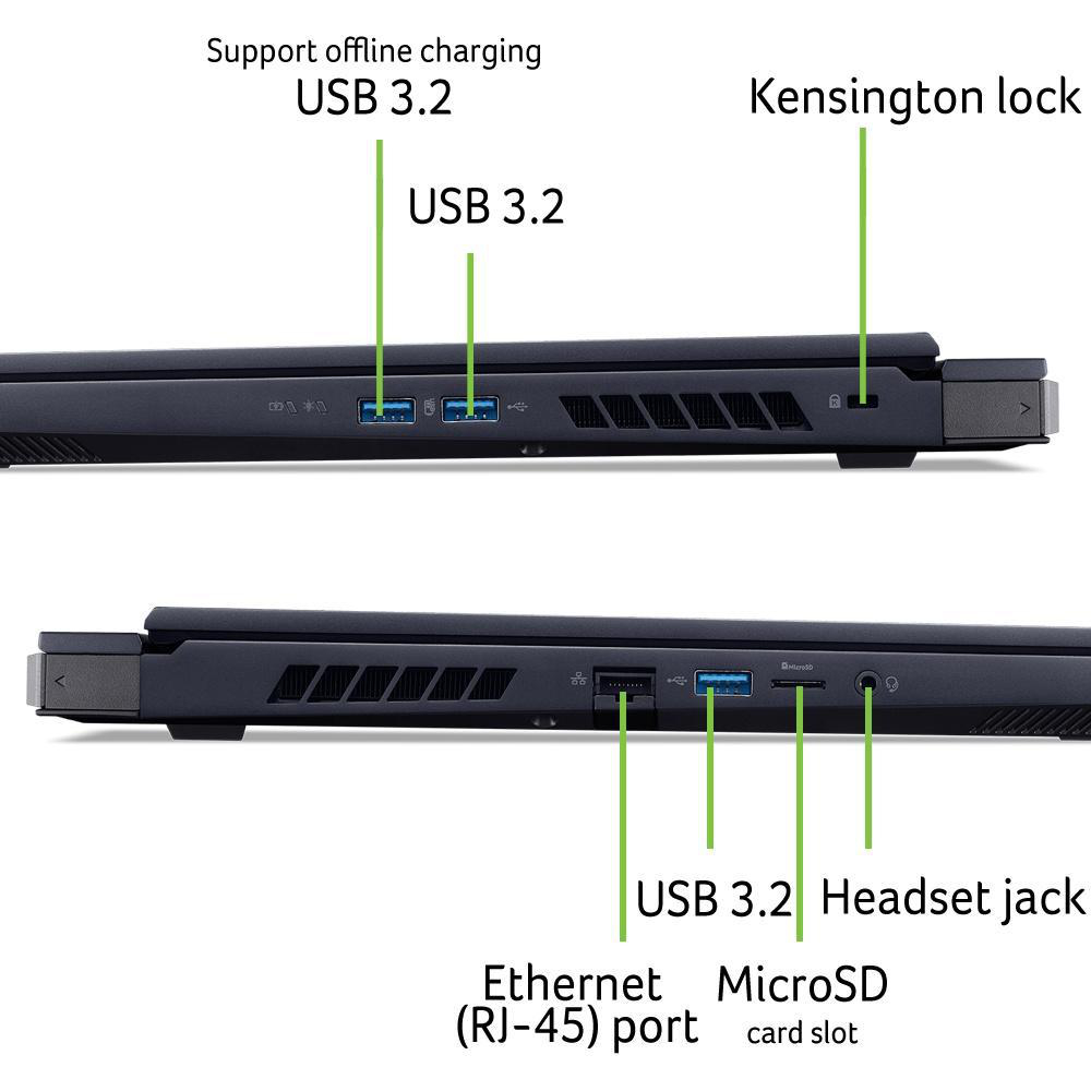 Zwei Laptopseiten, Anschlüsse und Beschriftungen.