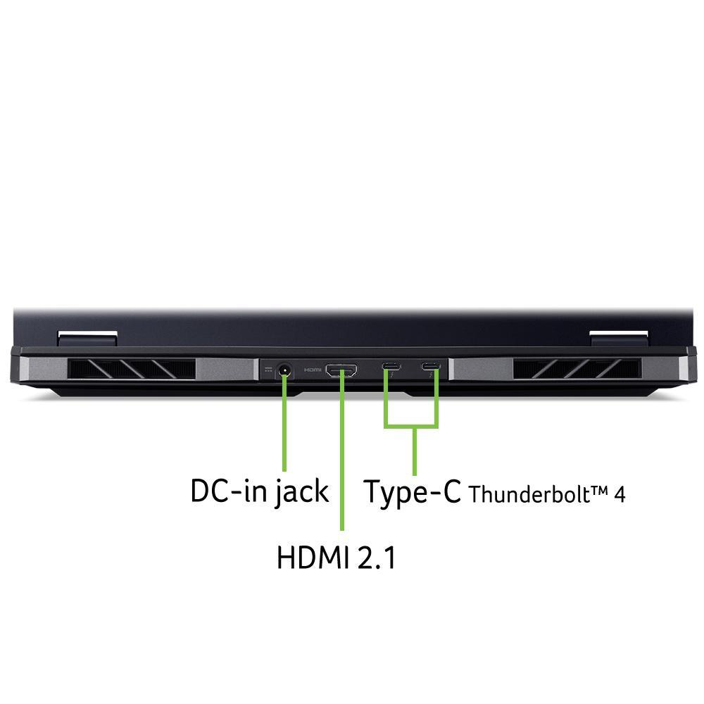 Unterseite eines Laptops mit Anschlüssen: DC-in, HDMI und Type-C Thunderbolt 4, beschriftet.