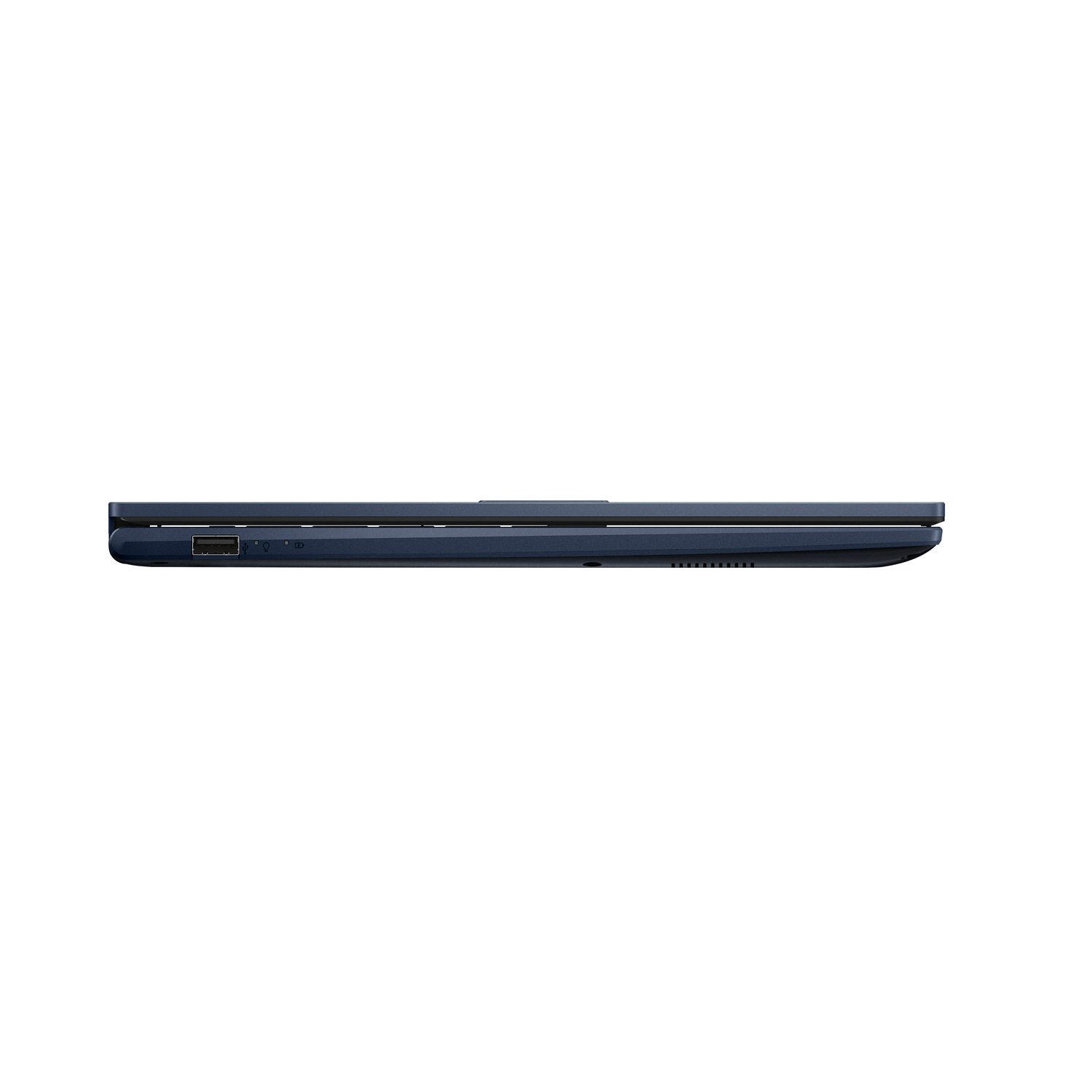 Side view of a closed dark blue laptop on a white background. Ports visible.