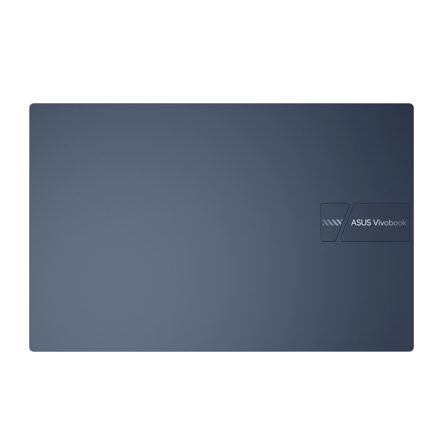 Dark blue ASUS Vivobook laptop, closed, with logo on the top.