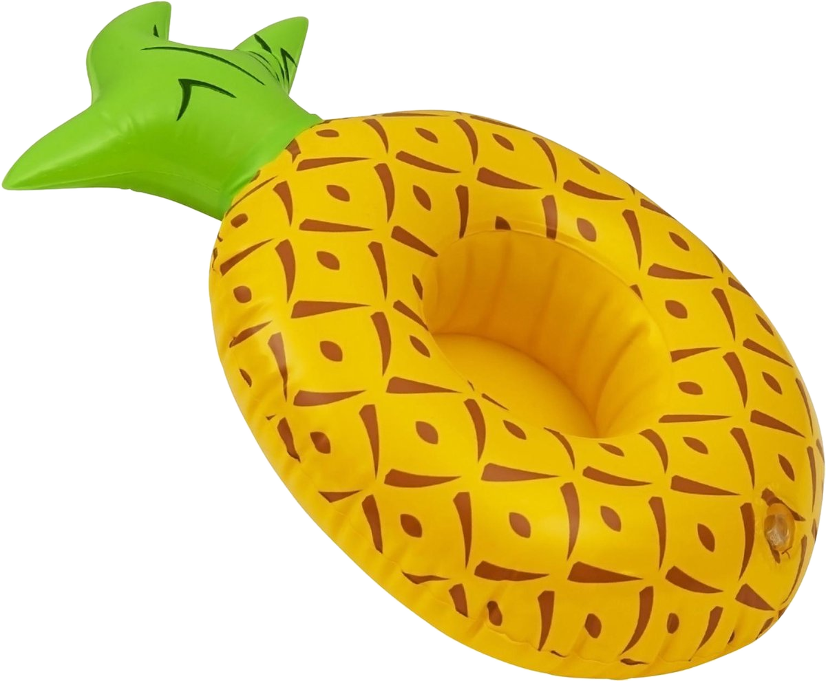 Een opblaasbare ananasring in geel en bruin met groene bladeren. Het heeft een gat in het midden.