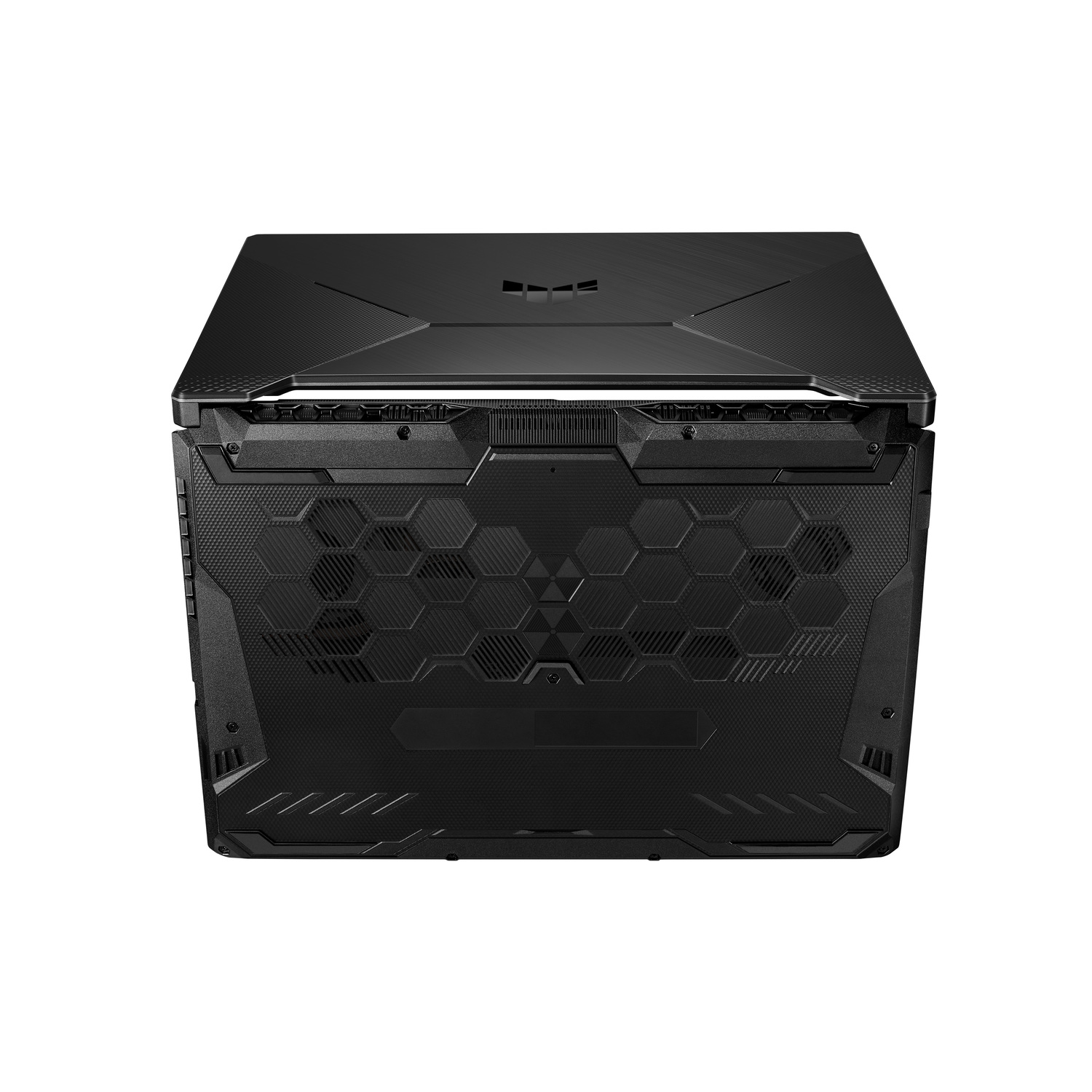 Zwarte gaming laptop, bovenaanzicht. Het ontwerp toont een textuur met het logo.