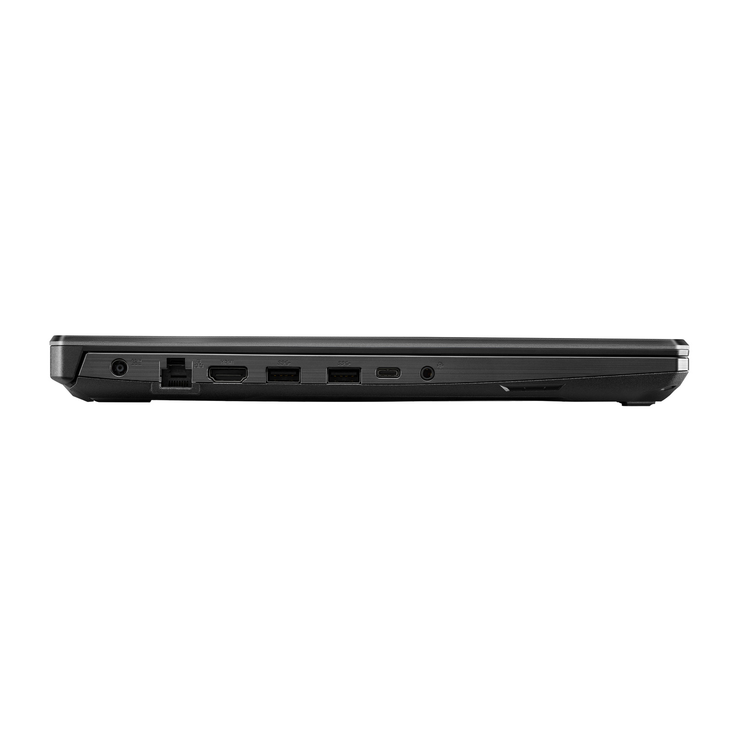 Zijaanzicht van een zwarte laptop, met poorten. Poorten zijn onder andere HDMI en Type-C.