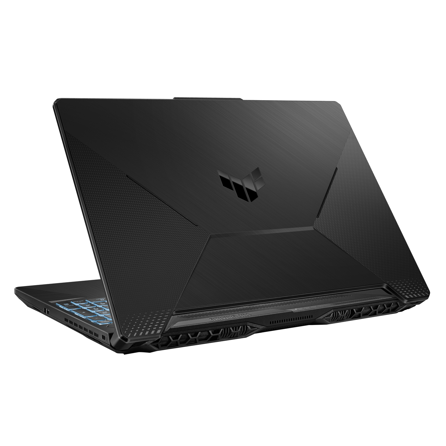 Zwarte laptoprug met textuur en logo. Blauwe lichten stralen uit de open scharnier.