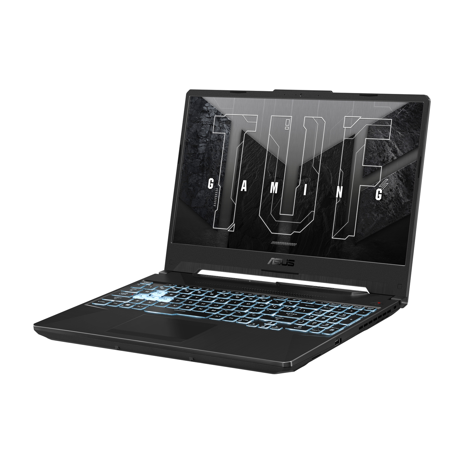 Blauwe laptop met kleurrijk scherm met 'ASUS Vivobook'.