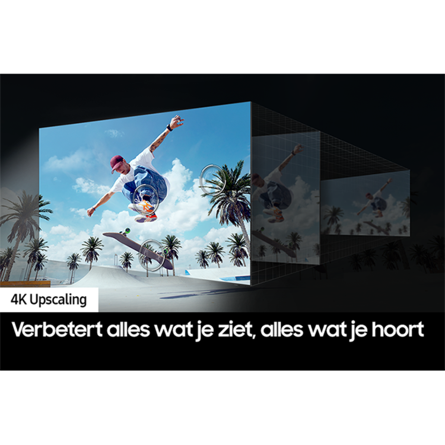 A person skateboarding on a ramp, with a TV showing the scene. Palm trees in the background.