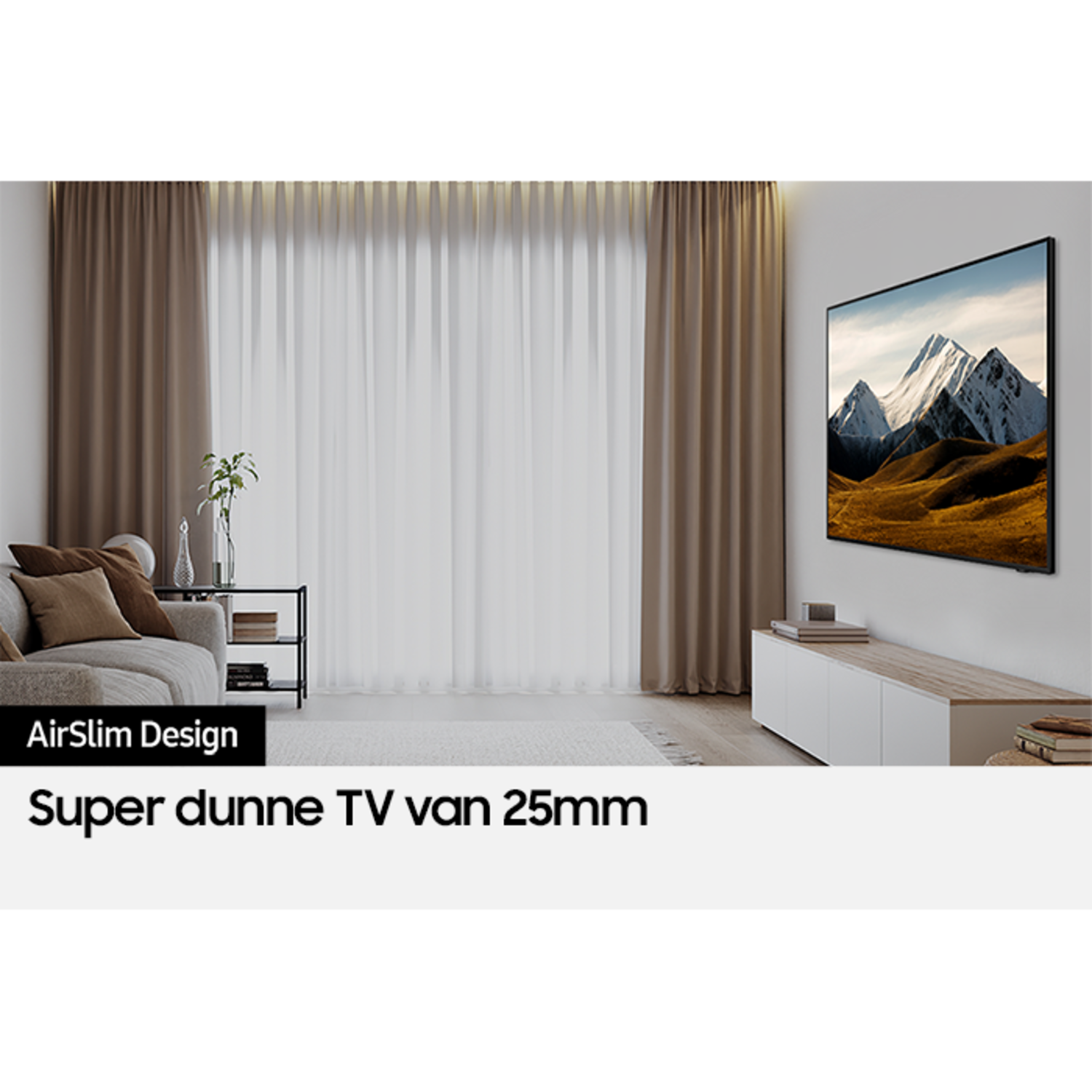 Living room with TV on the wall, curtains, sofa.