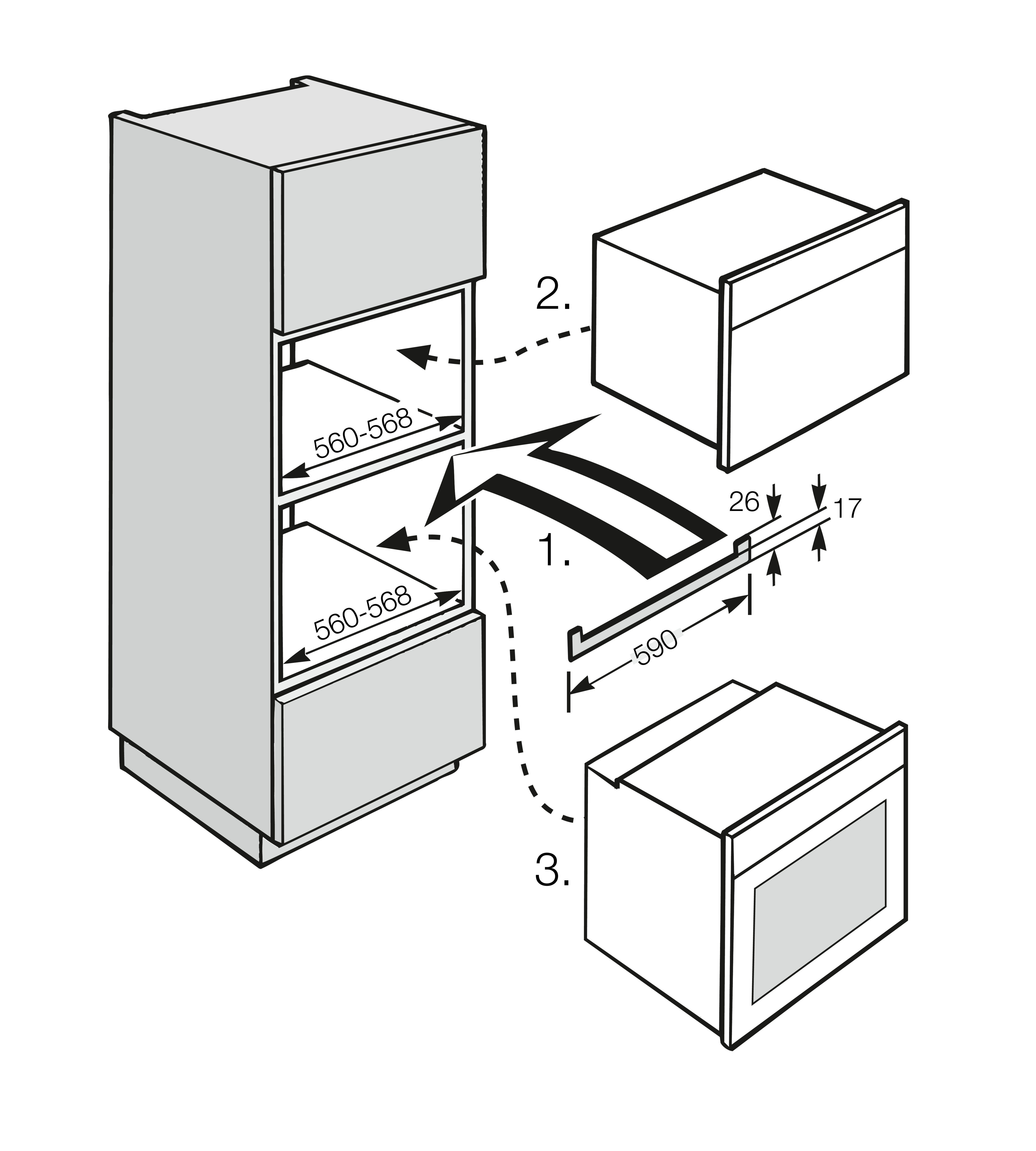 Diagramm mit Ofen und Mikrowelle im Küchenaufbau, mit Maßangaben.