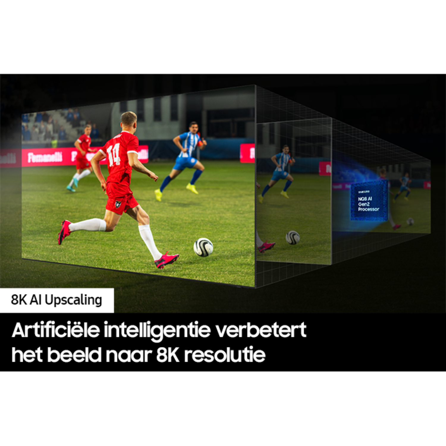 Soccer game scene, player running, with text: 8K AI Upscaling, improving image to 8K.