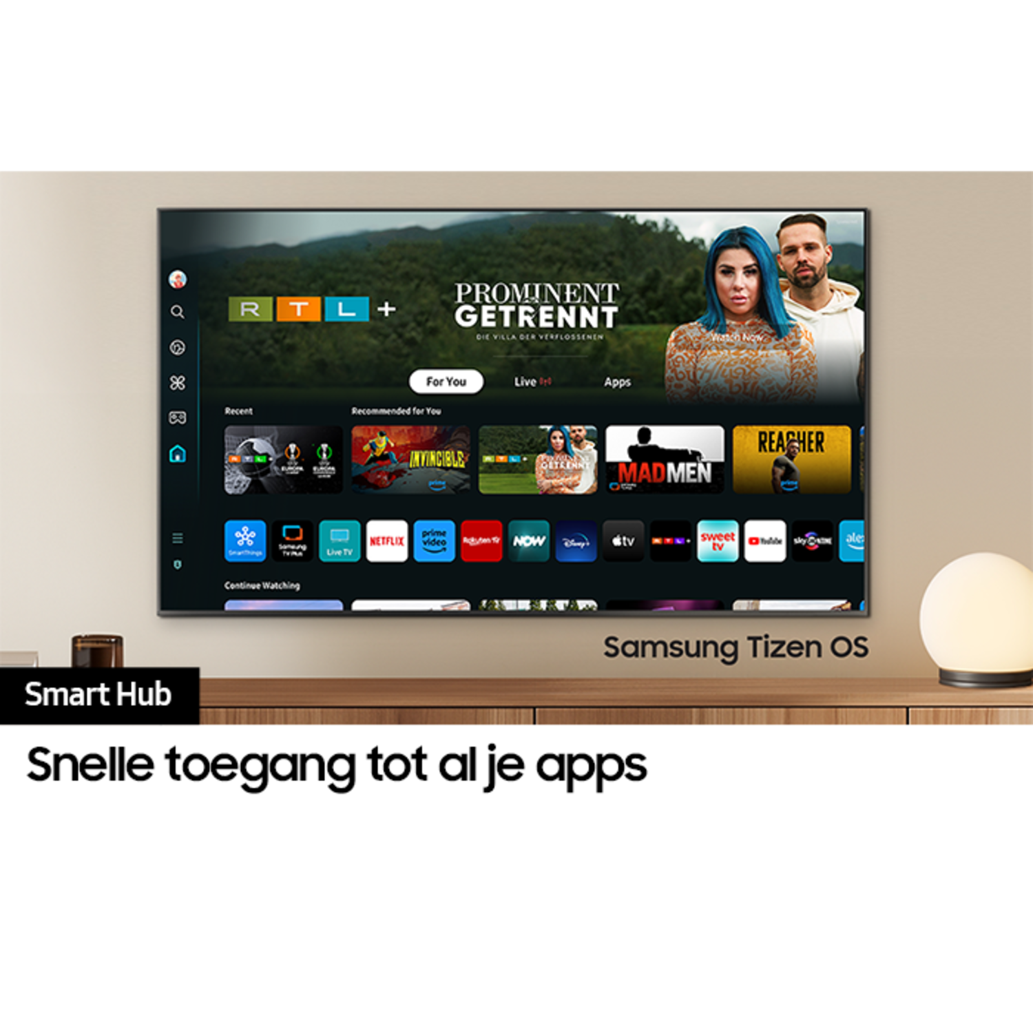 A large TV screen showing a TV menu with several app icons and a picture.