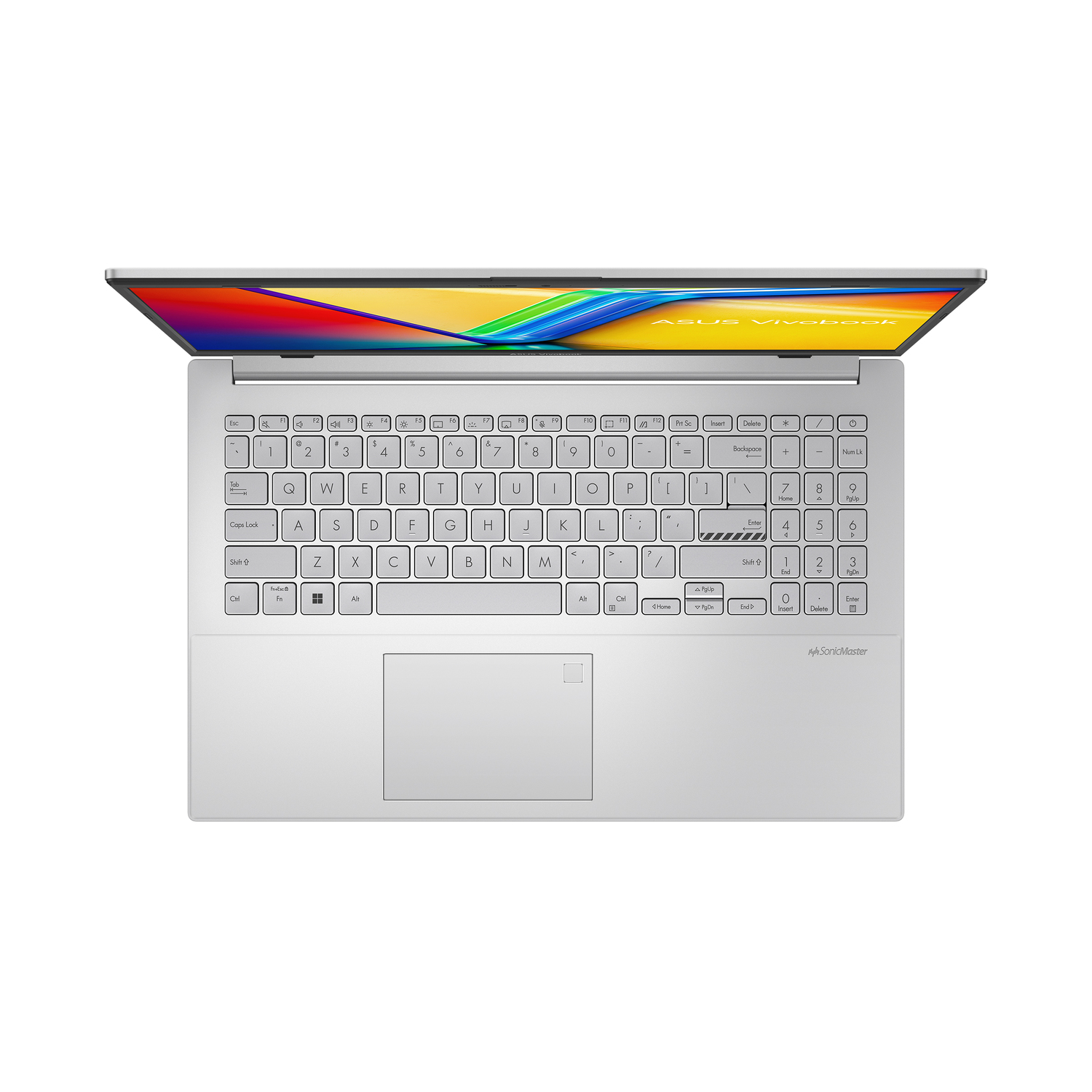 Top view of silver laptop, keyboard is visible with colorful screen. White background.