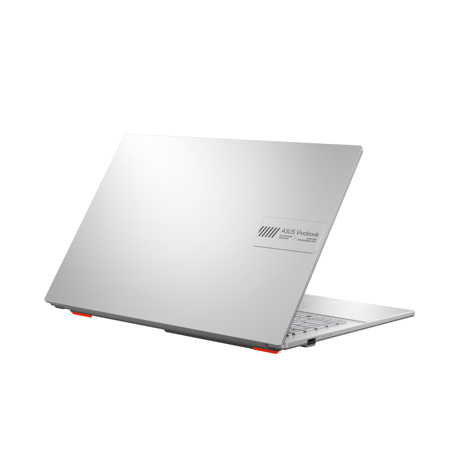 Silver laptop back with a logo and red accents. The laptop is slightly open, angled to the right.
