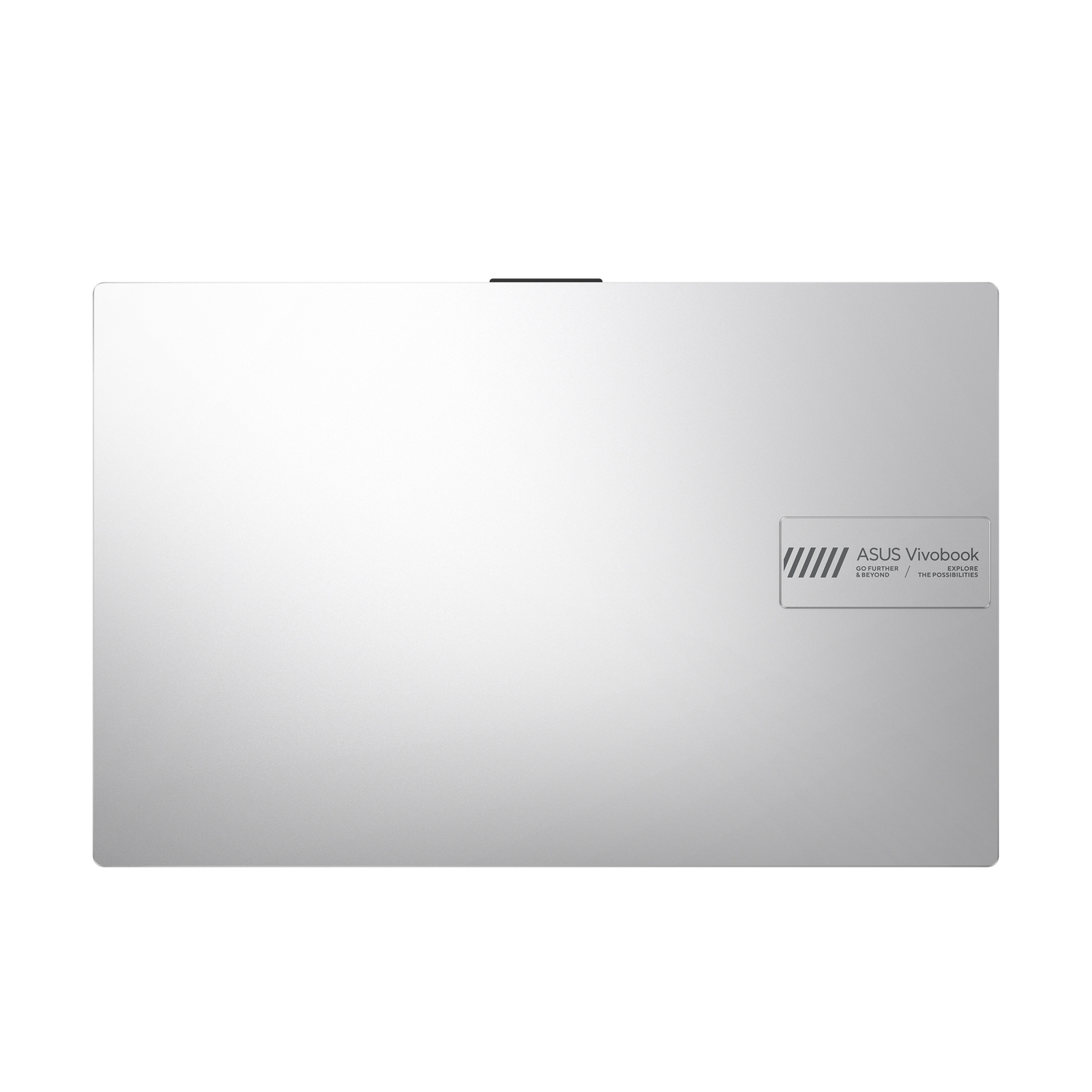 Silver laptop lid with ASUS Vivobook logo. Black hinge at top. Clean, minimalist design.