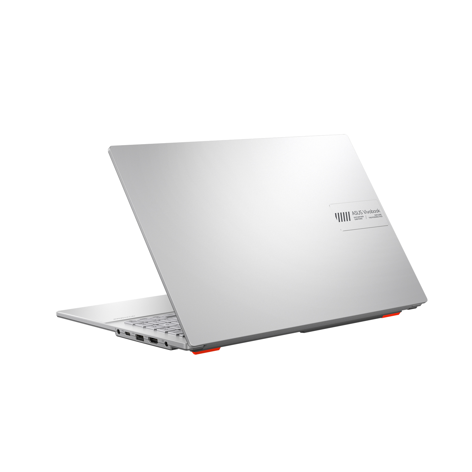 Silver laptop, back view. ASUS Vivobook logo, white background.
