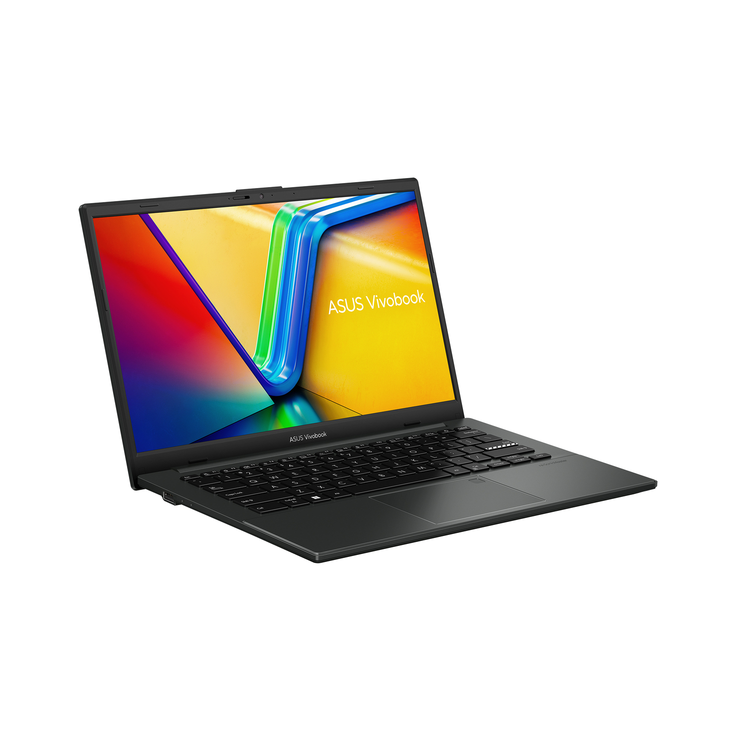An ASUS Vivobook laptop in a dark color, open with a colorful screen, isolated on white.