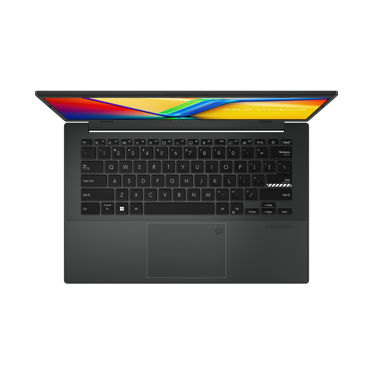 Laptop, open, showing keyboard and screen with graphics, on a white background.