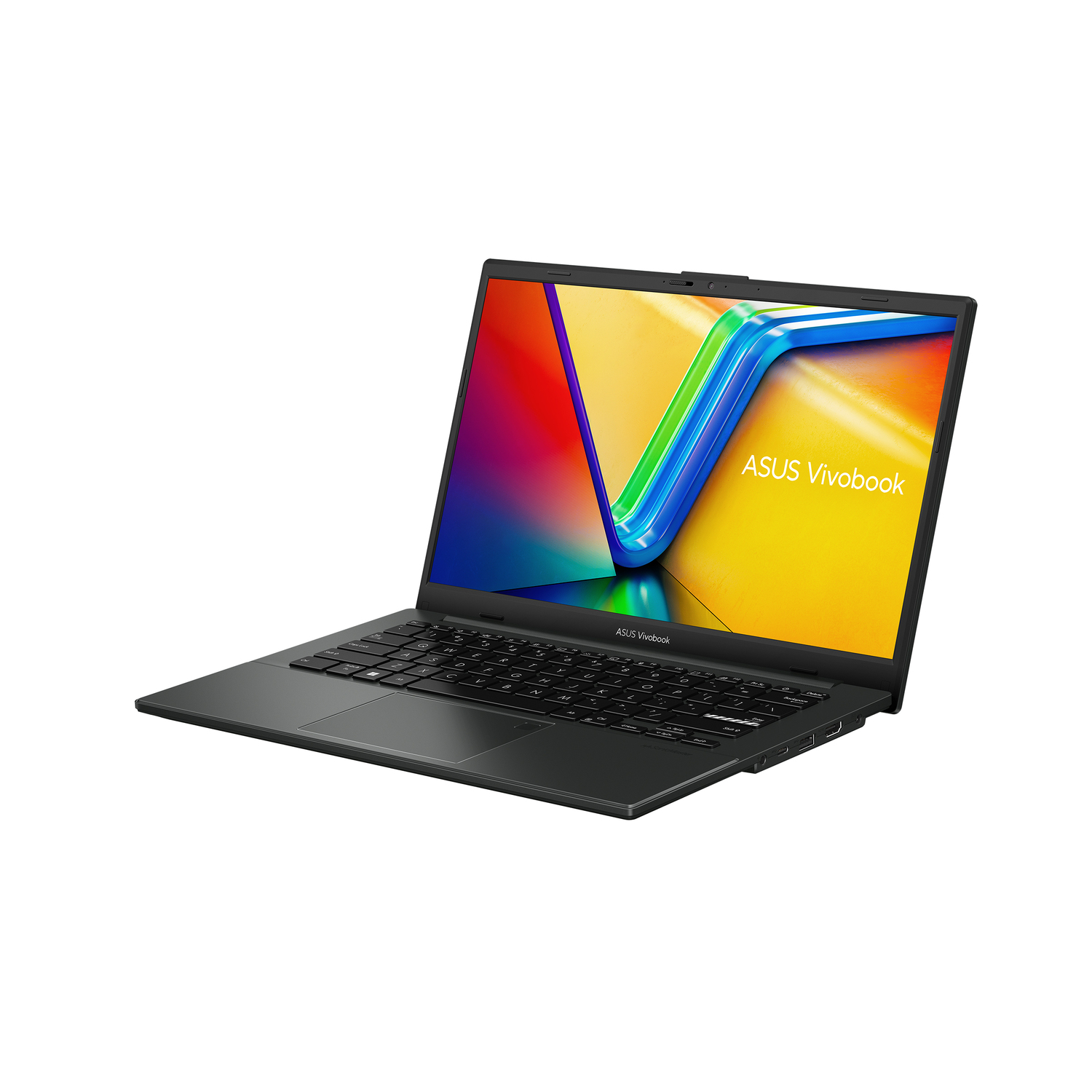 Black ASUS Vivobook laptop. Open on a white surface, displaying the screen, keyboard, and touchpad.