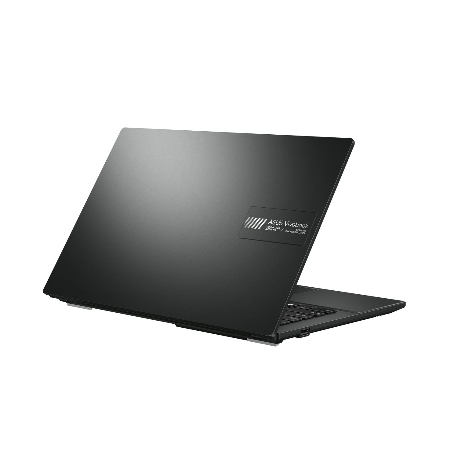 Back of a black laptop with the ASUS Vivobook logo. Open on white background.