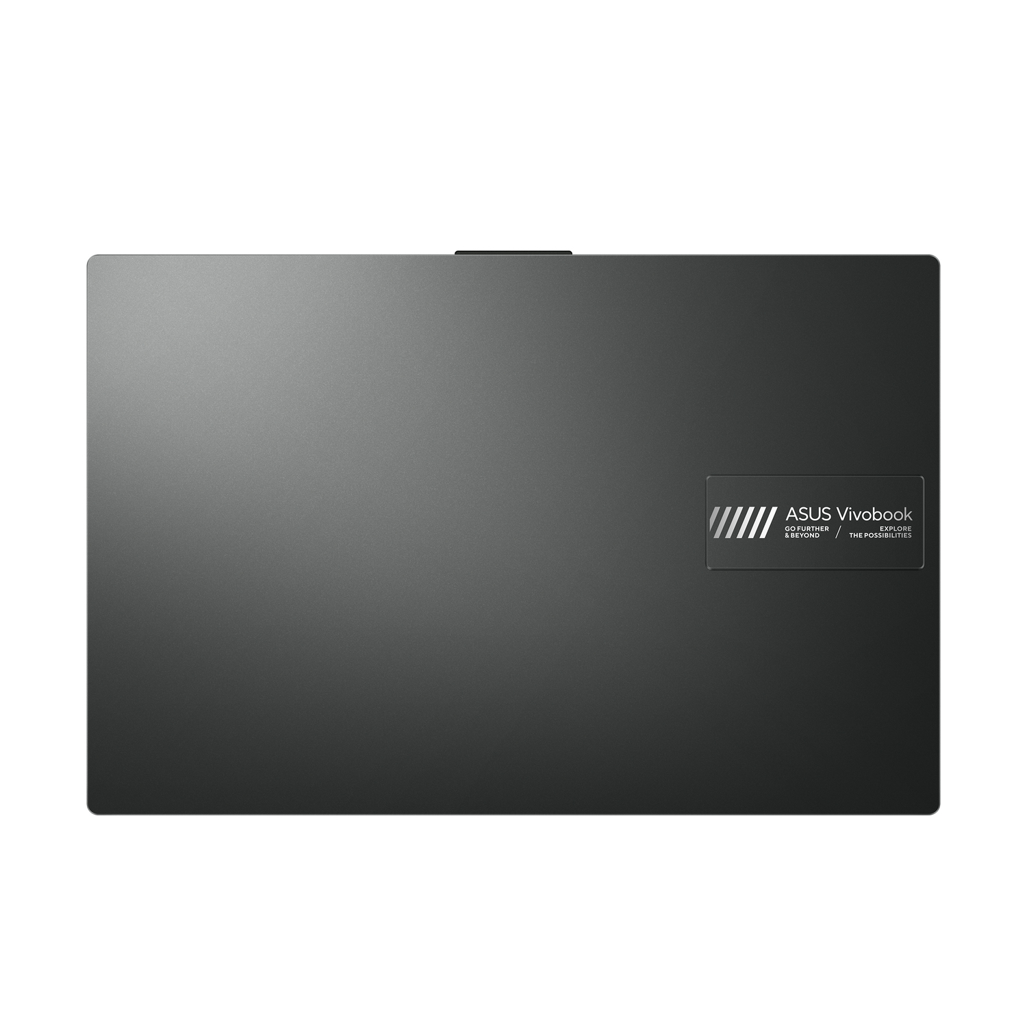 Laptop top view. Black case with ASUS Vivobook logo in white. Light reflects on the surface.