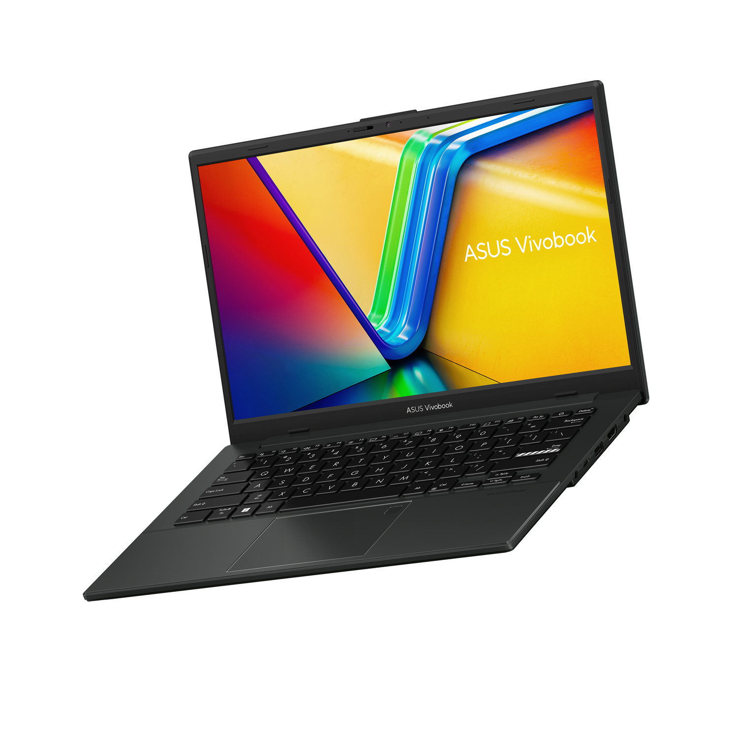 Black laptop with a colorful screen and a white background. The laptop is open.