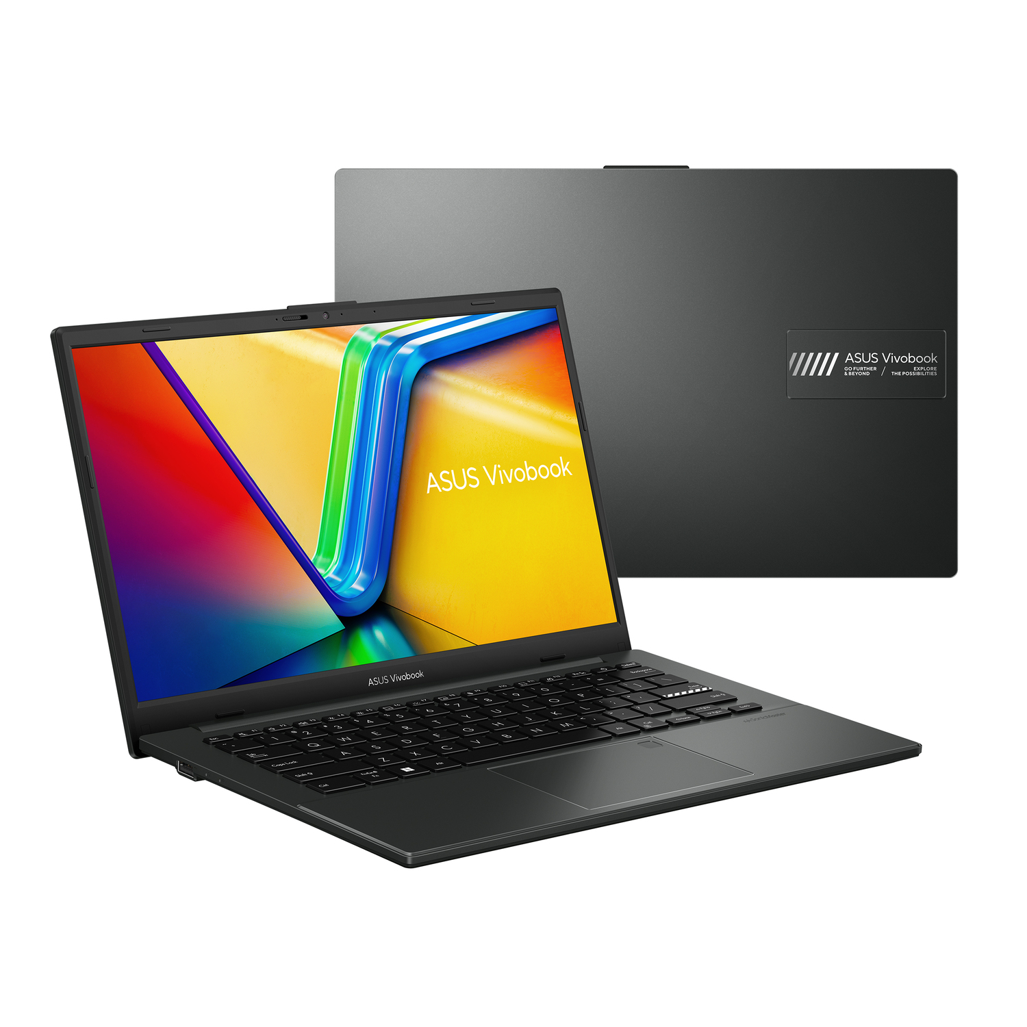 Asus Vivobook laptop, closed and open. Black color, with logo. White background.