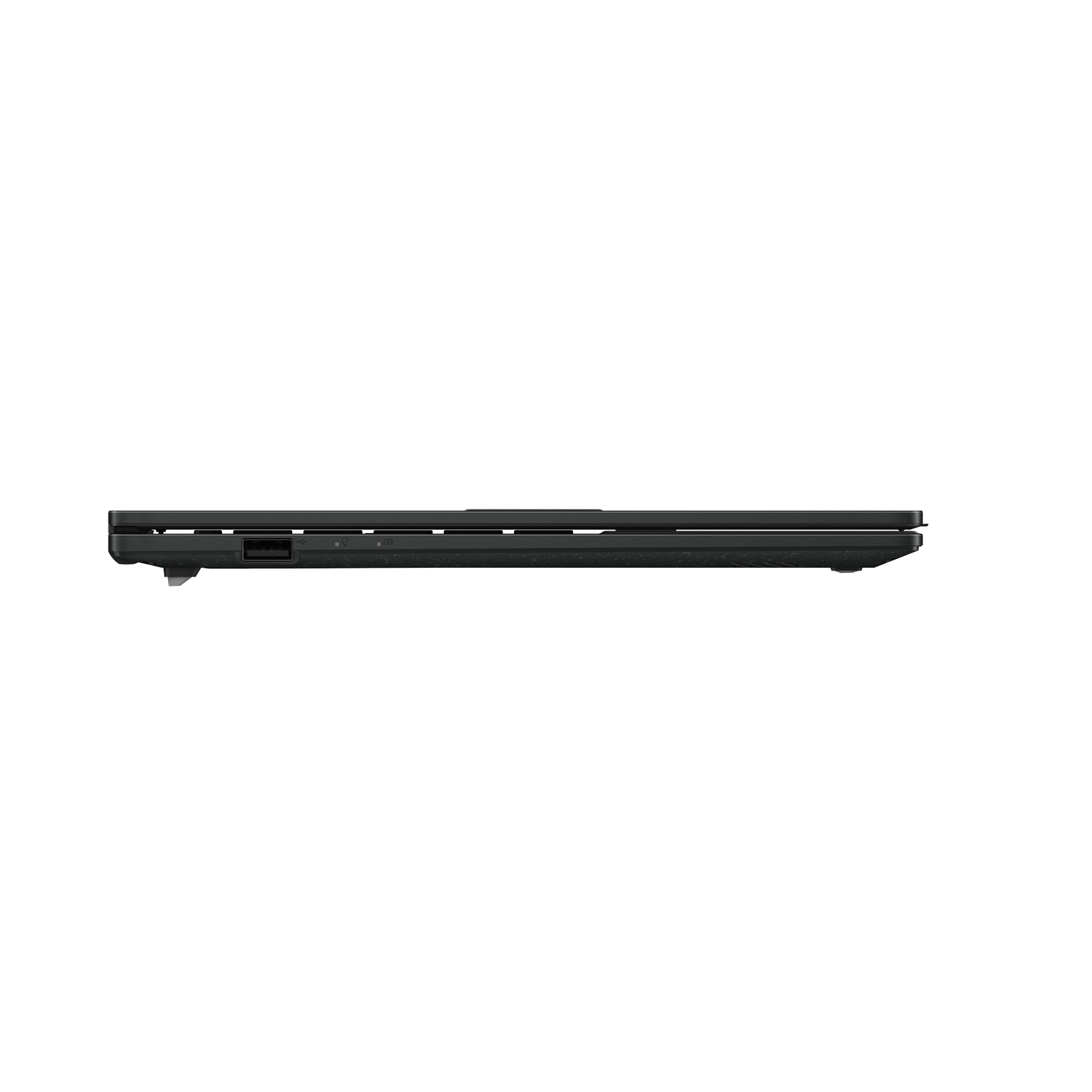 Side view of a black laptop, showing the closed screen and ports.