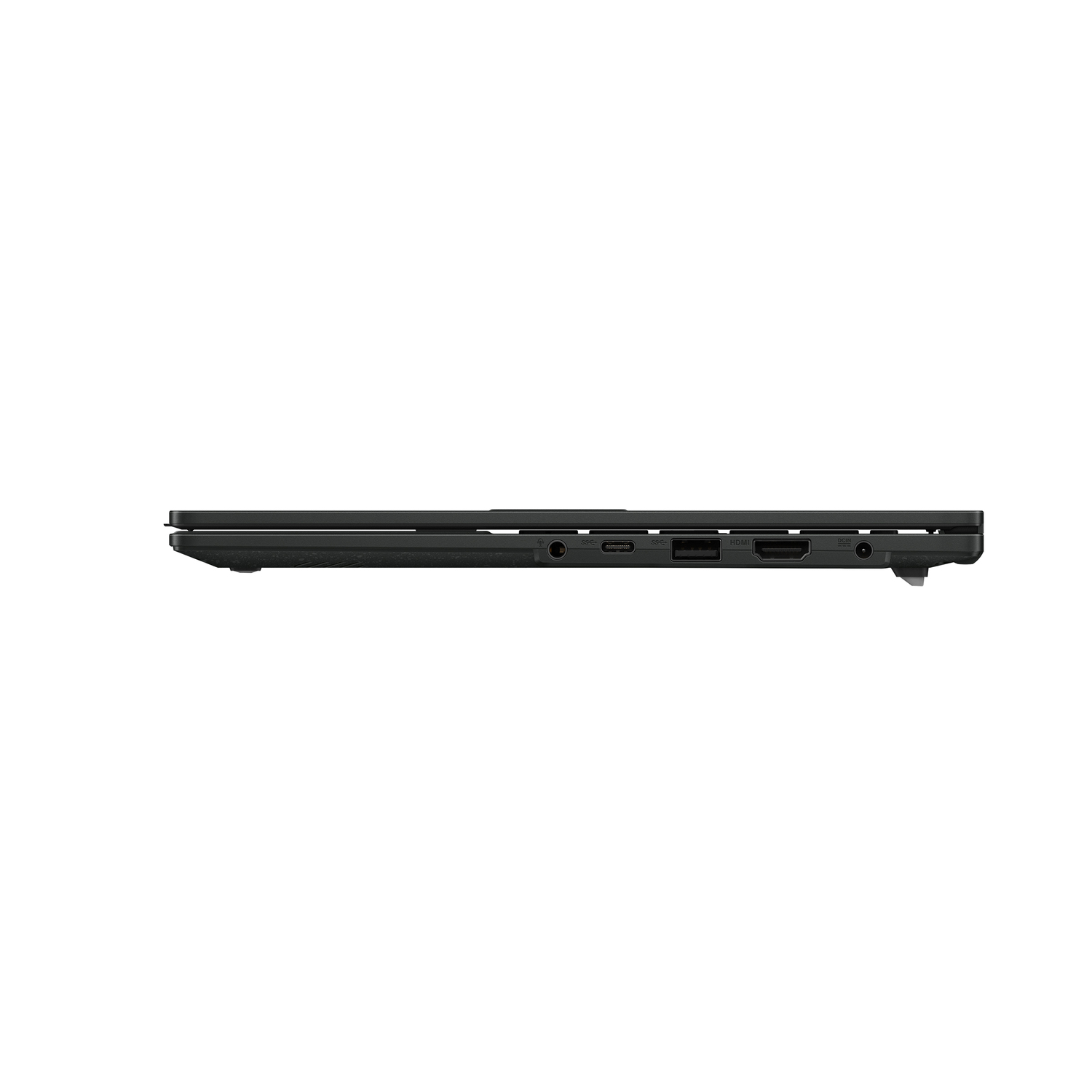 Black laptop side profile. Ports and vents visible. Minimal design. Black color. White background.