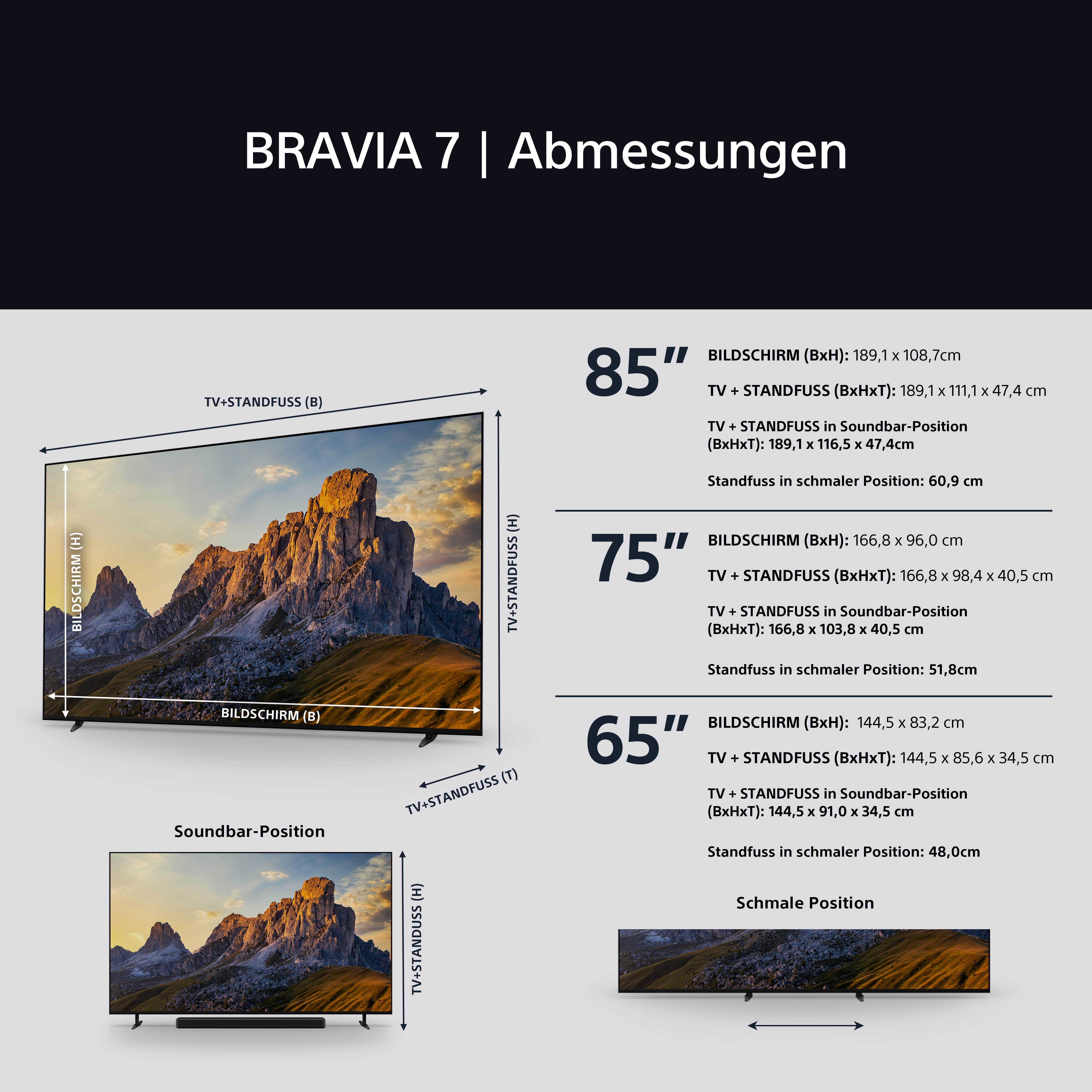 TV-Bildschirmgröße, Abmessungen und Maße, mit Berglandschaft.