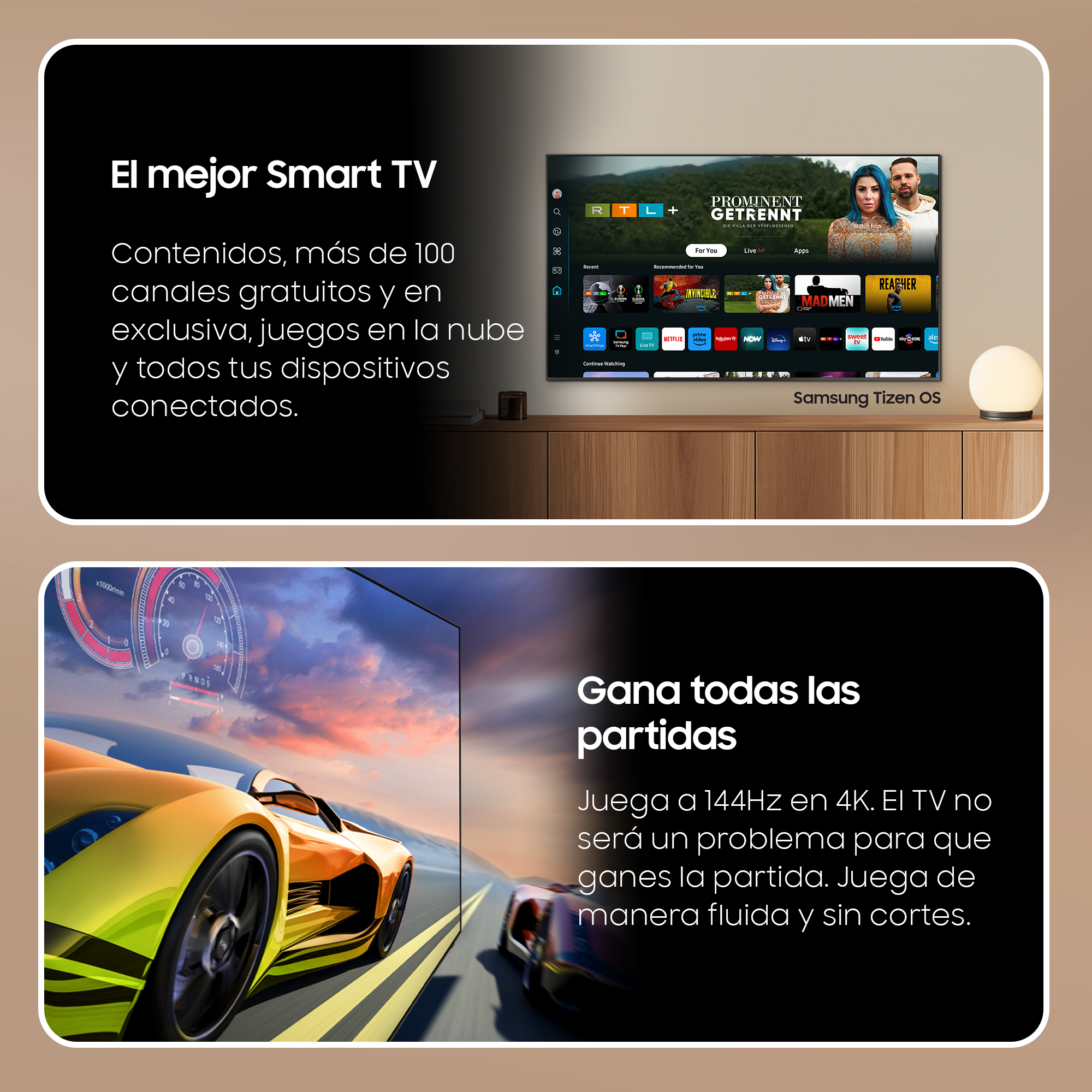 Anuncios de un televisor. Muestra contenido con funciones de TV y experiencia de juego.