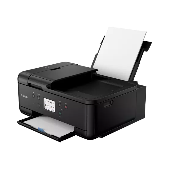 Impresora Canon negra con tapa abierta y bandeja de papel. Muestra la pantalla y botones de la impresora.
