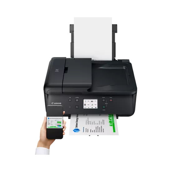 Impresora negra con papel, un teléfono con gráfico y un documento impreso.