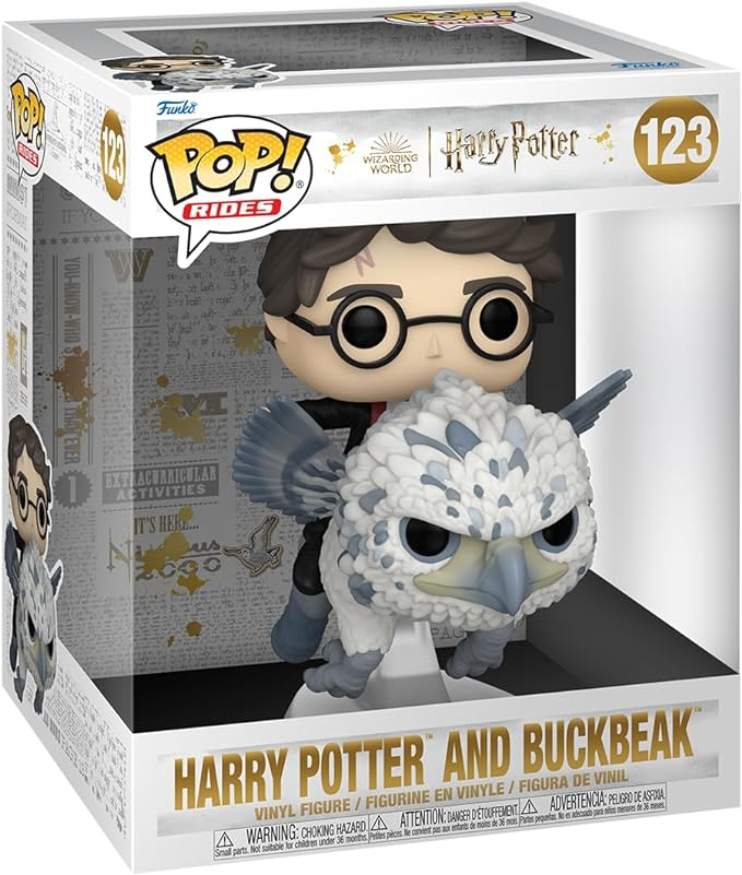 Figura Funko Pop de Harry Potter con Buckbeak el hipogrifo en una caja de exhibición.
