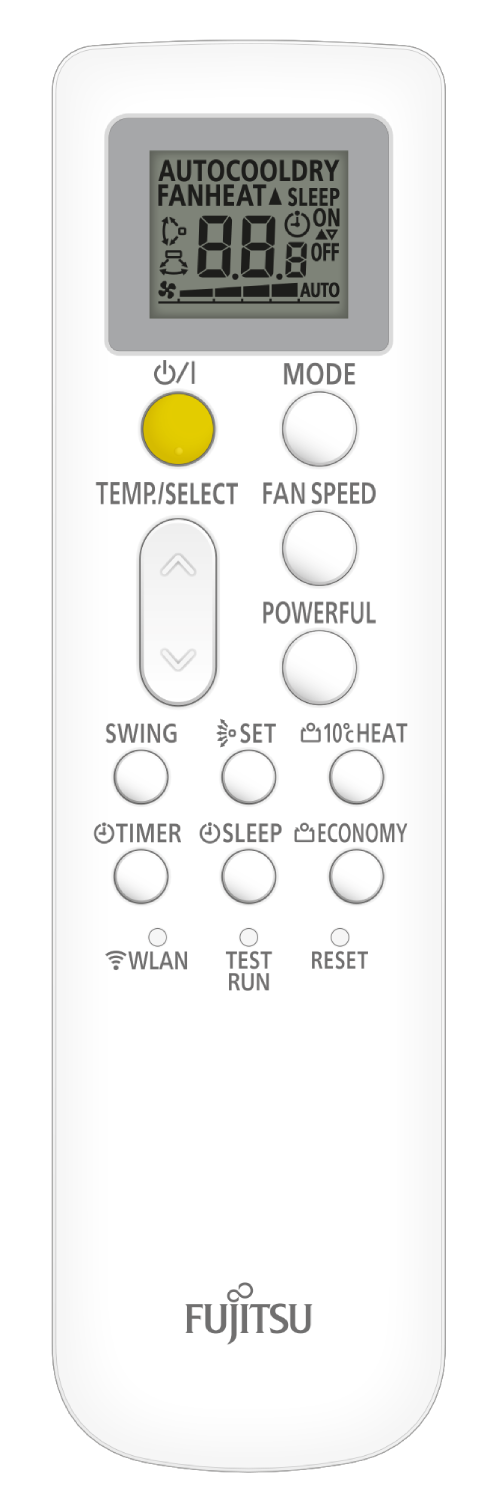 Un control remoto blanco de aire acondicionado Fujitsu. Son visibles botones para varias funciones.
