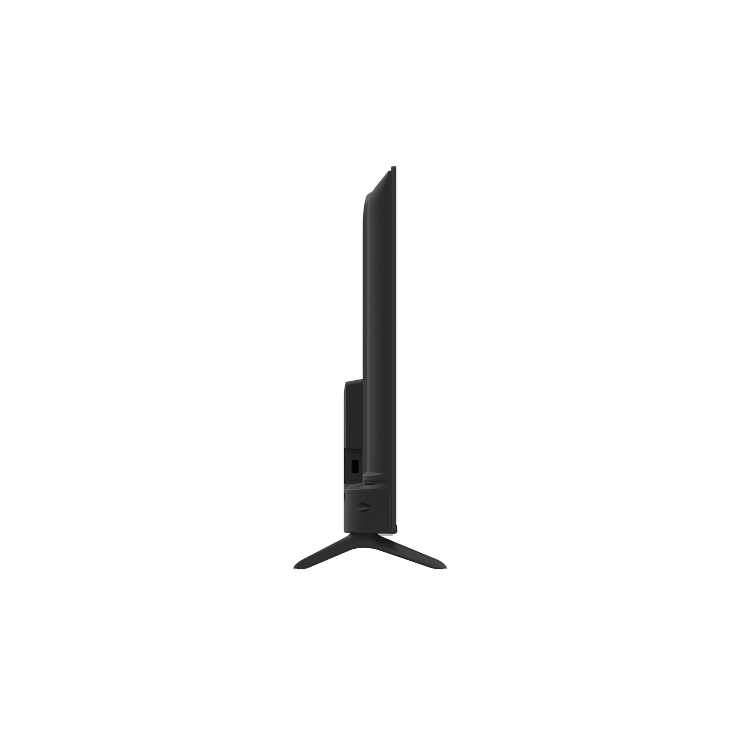 Side view of a black flat-screen TV with a stand. Clean background.