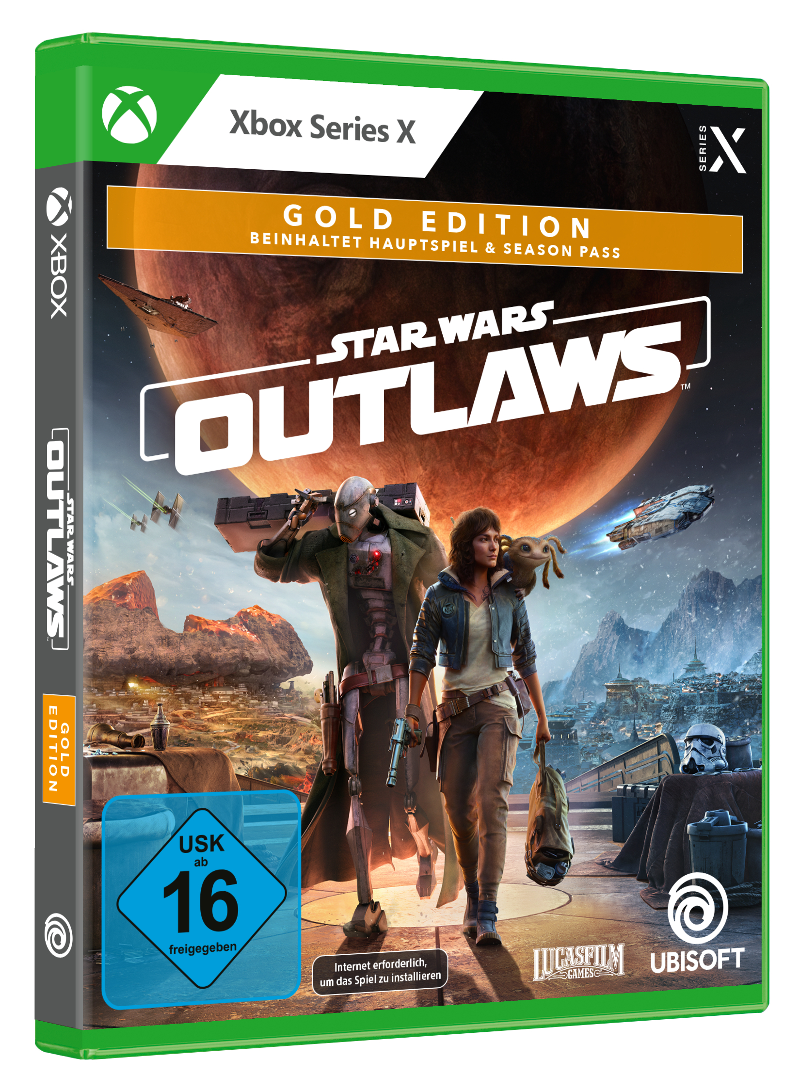 Star Wars Outlaws Xbox Series X Spielcover. Zwei Charaktere gehen. Roter und oranger Himmel.