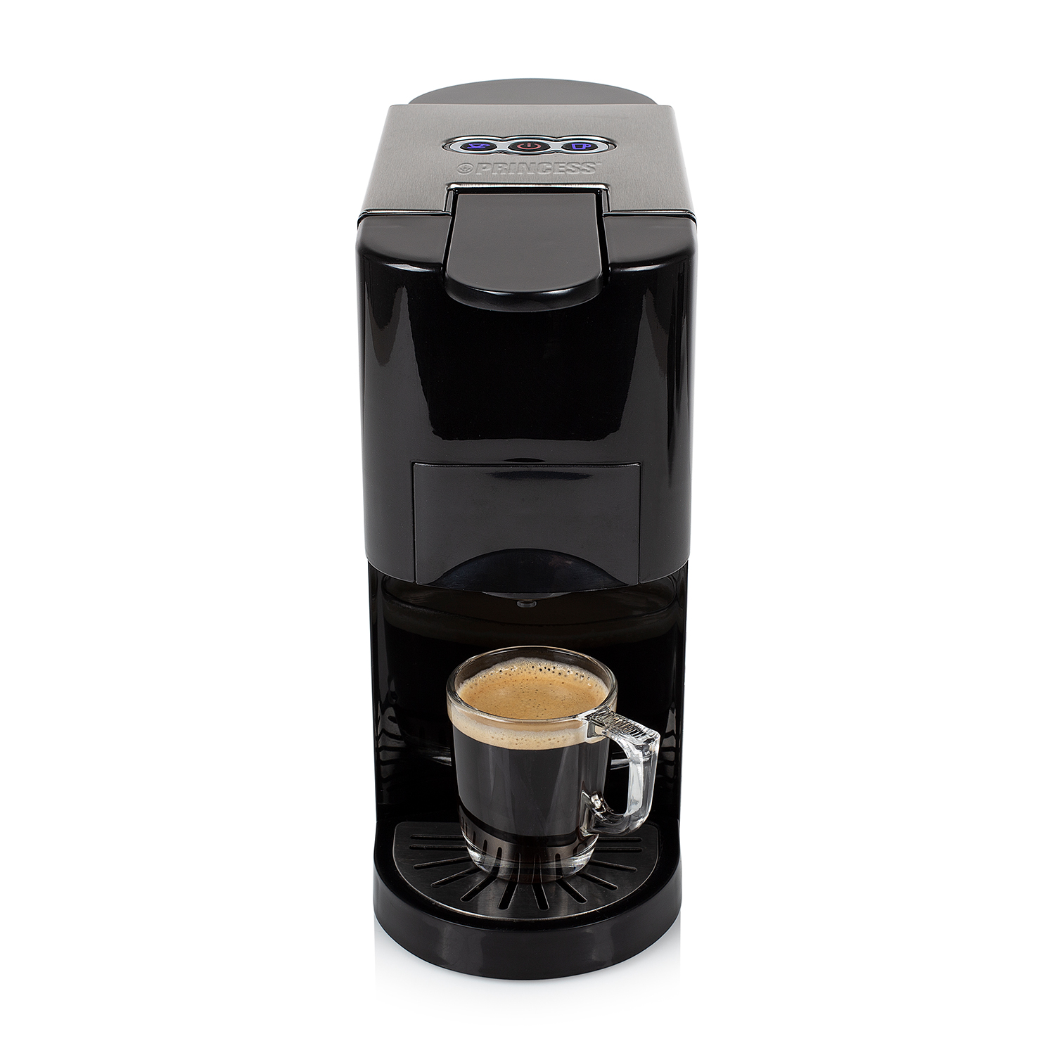 Macchina da caffè nera con tazza di vetro. Scatto del prodotto su sfondo bianco.