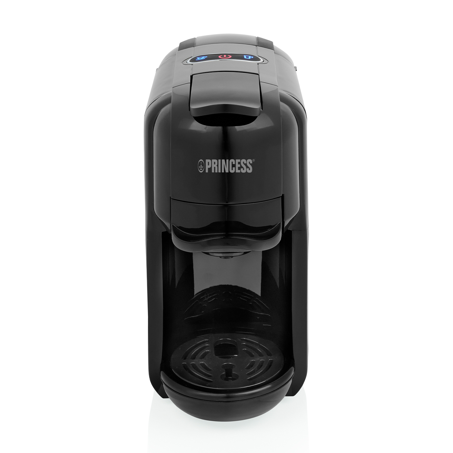Una macchina da caffè nera, con un logo che dice 'PRINCESS'. È su uno sfondo bianco.