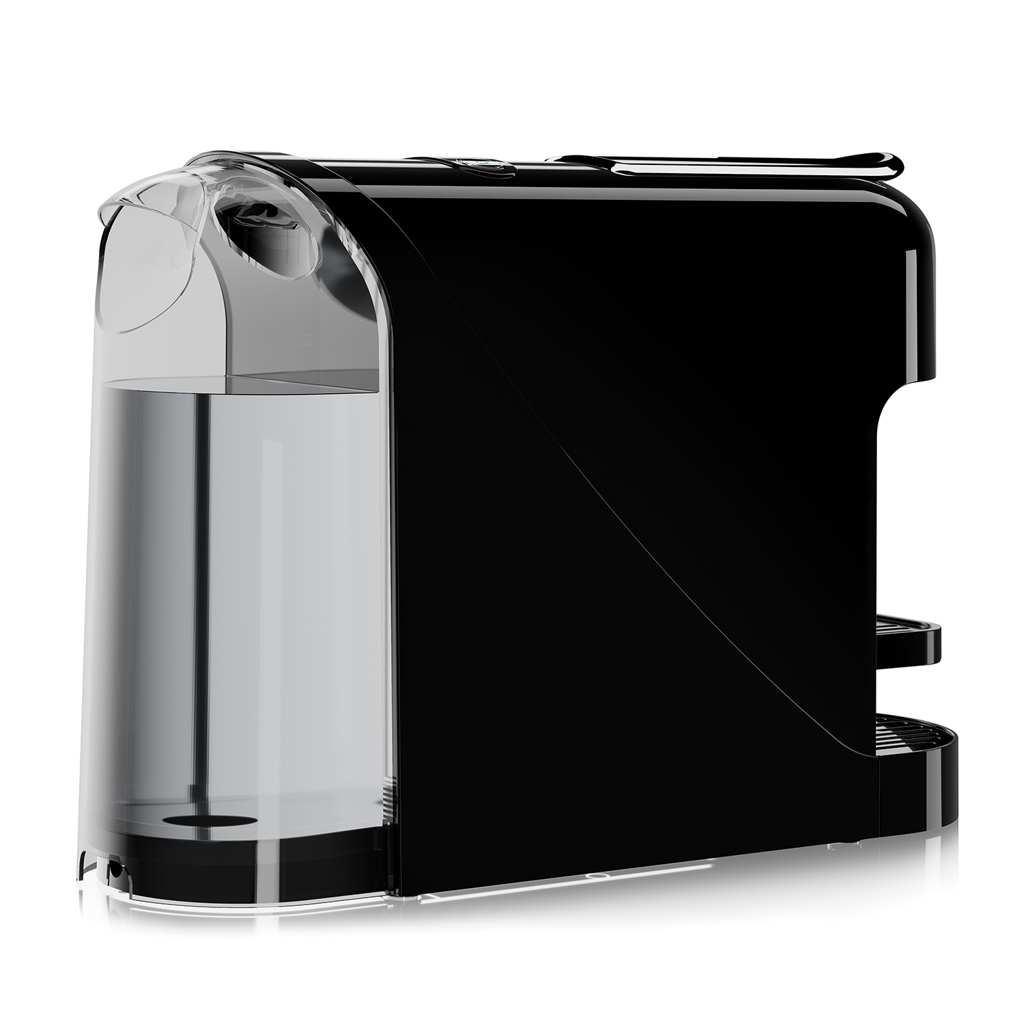 Macchina da caffè nera con serbatoio dell'acqua, su sfondo bianco.