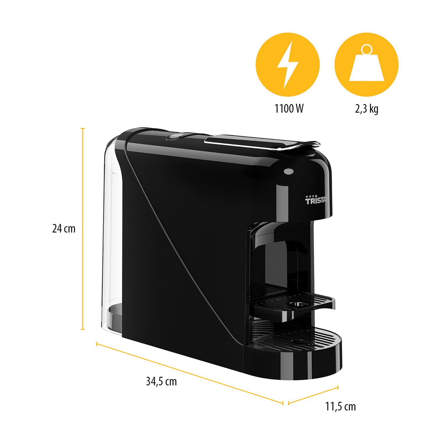 Macchina da caffè nera con dimensioni ed etichette di potenza/peso. Testo: 1100W e 2,3 kg.